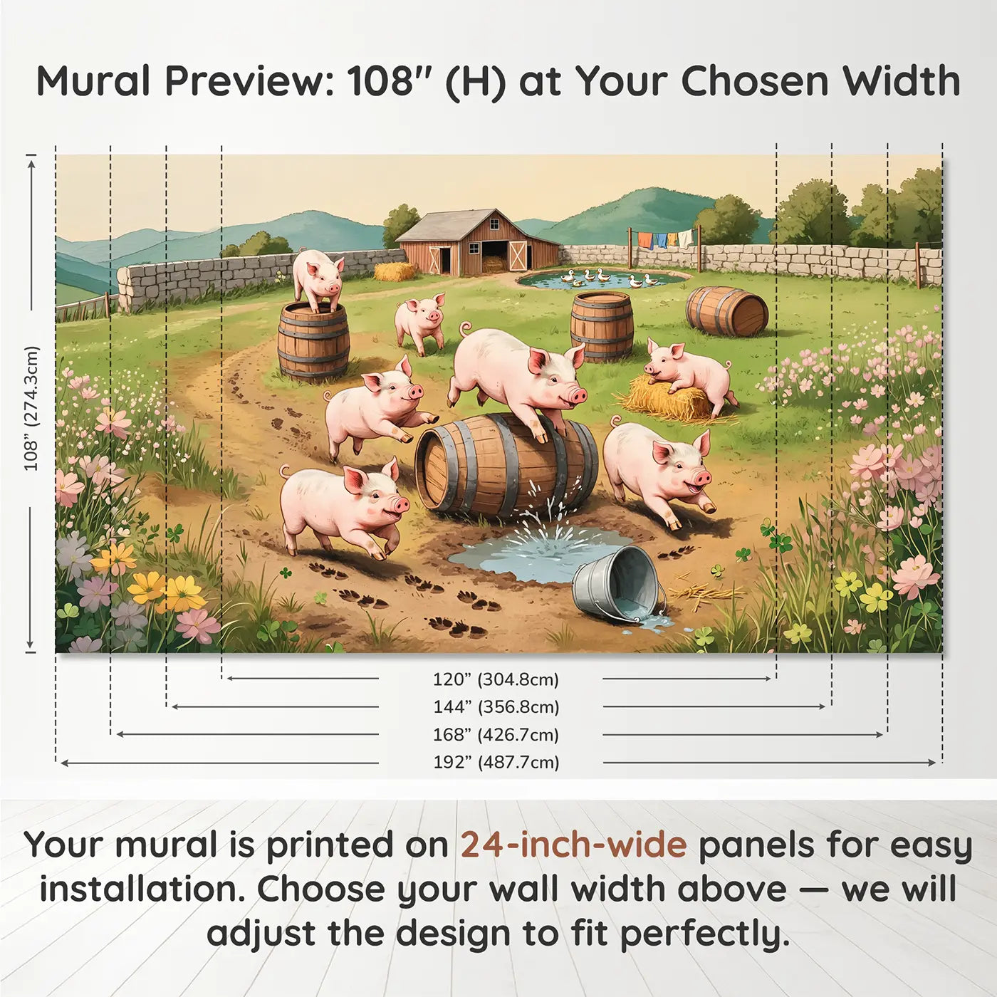Panel layout and dimensions for Playful Piglet Barrel Race Wallpaper Mural by Whimsy Tots