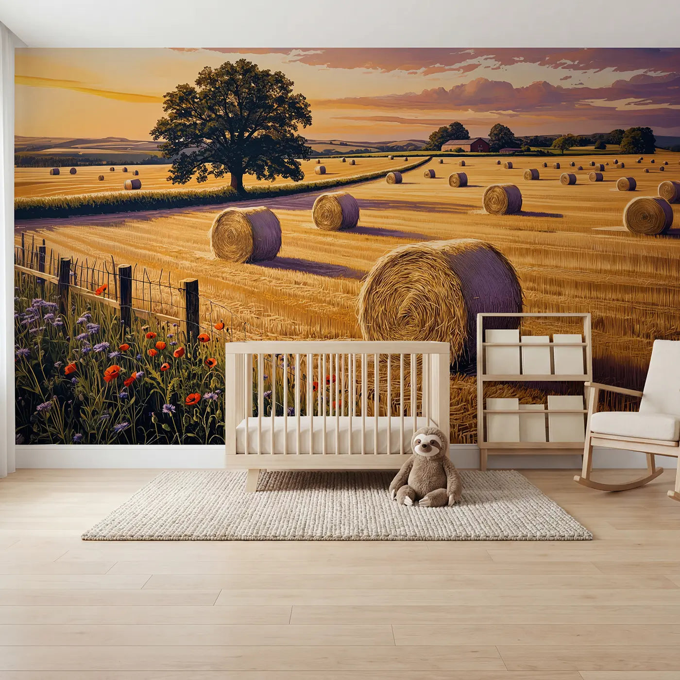 Block print hay bale and wheat wallpaper mural for kids room by Whimsy Tots