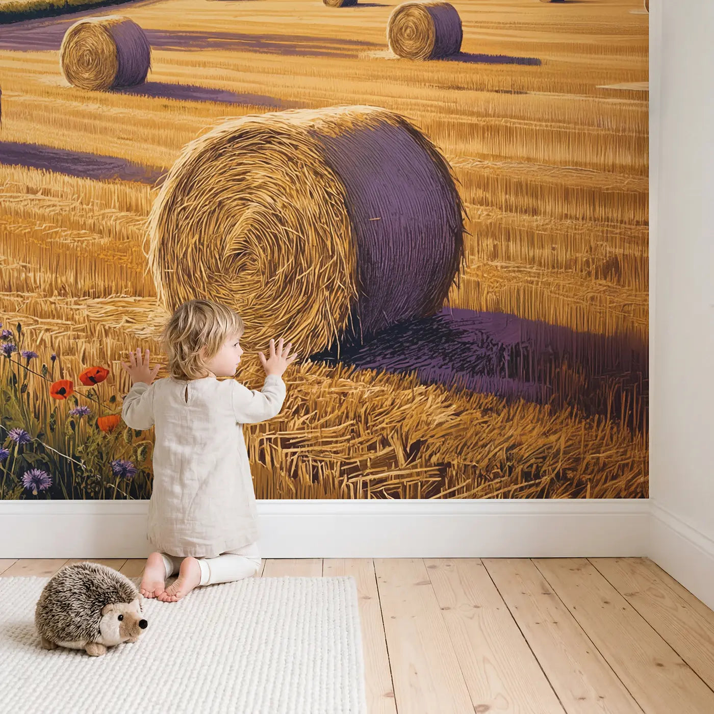 Child in nursery with Hay Bale Field Golden Sunset Wallpaper Mural by Whimsy Tots