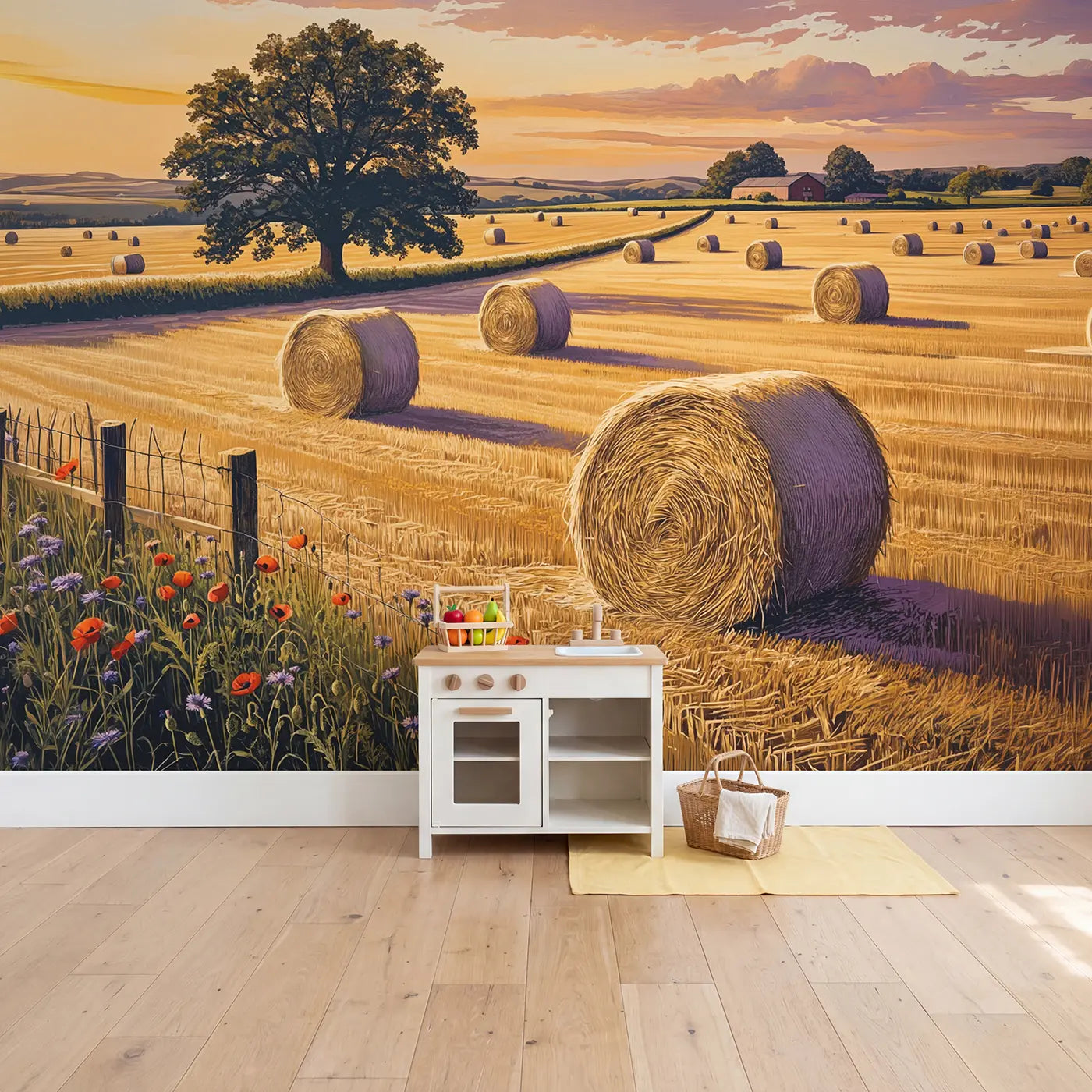 Hay Bale Field Golden Sunset Wallpaper Mural in playroom setting by Whimsy Tots