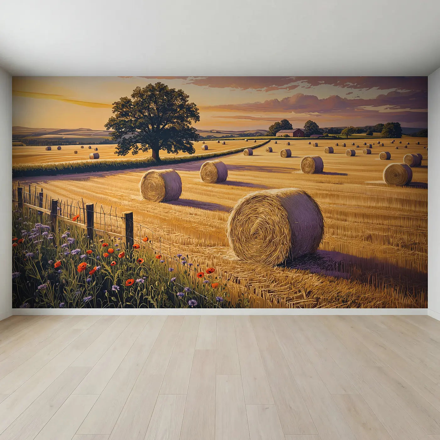 Full view of Hay Bale Field Golden Sunset Wallpaper Mural by Whimsy Tots