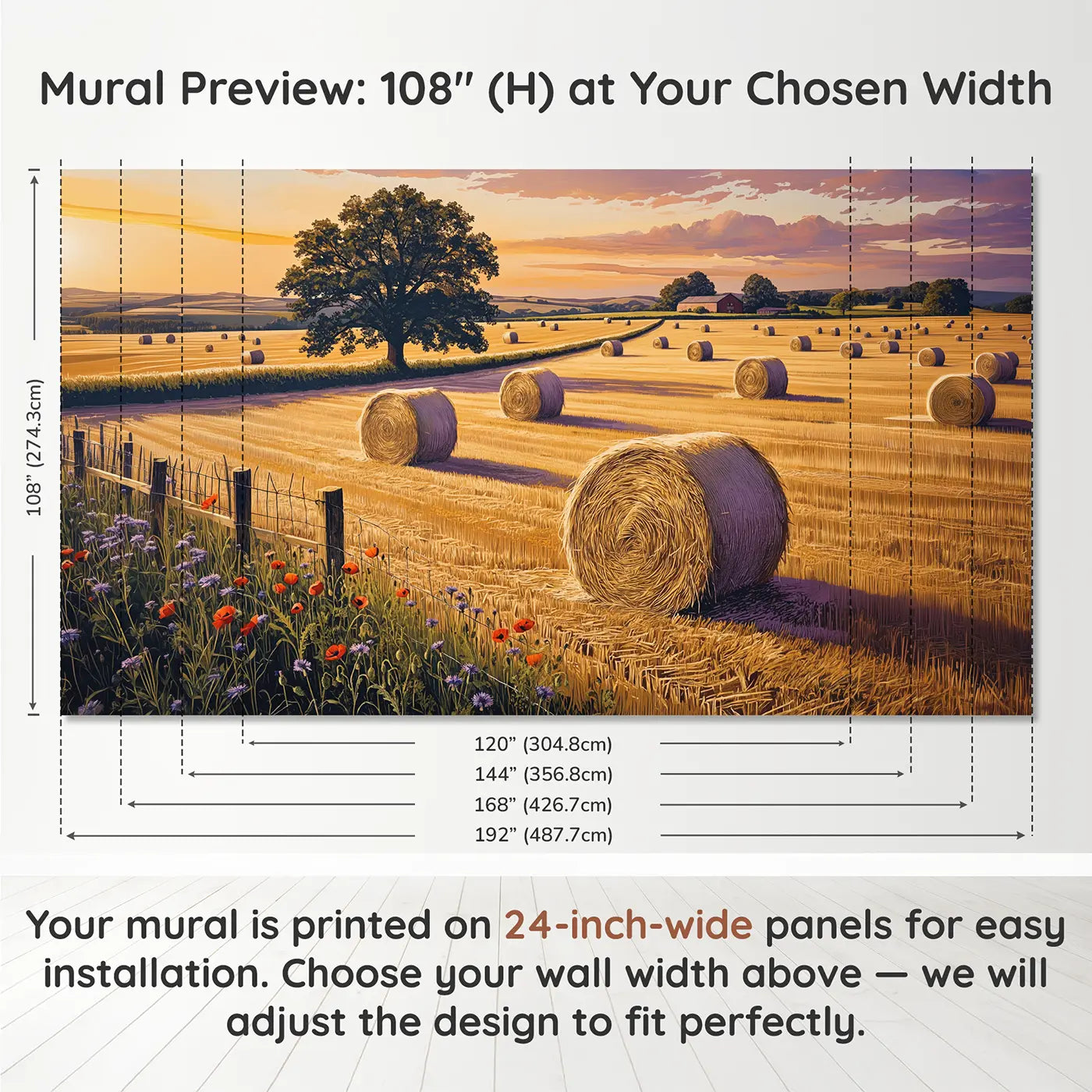 Panel layout and dimensions for Hay Bale Field Golden Sunset Wallpaper Mural by Whimsy Tots