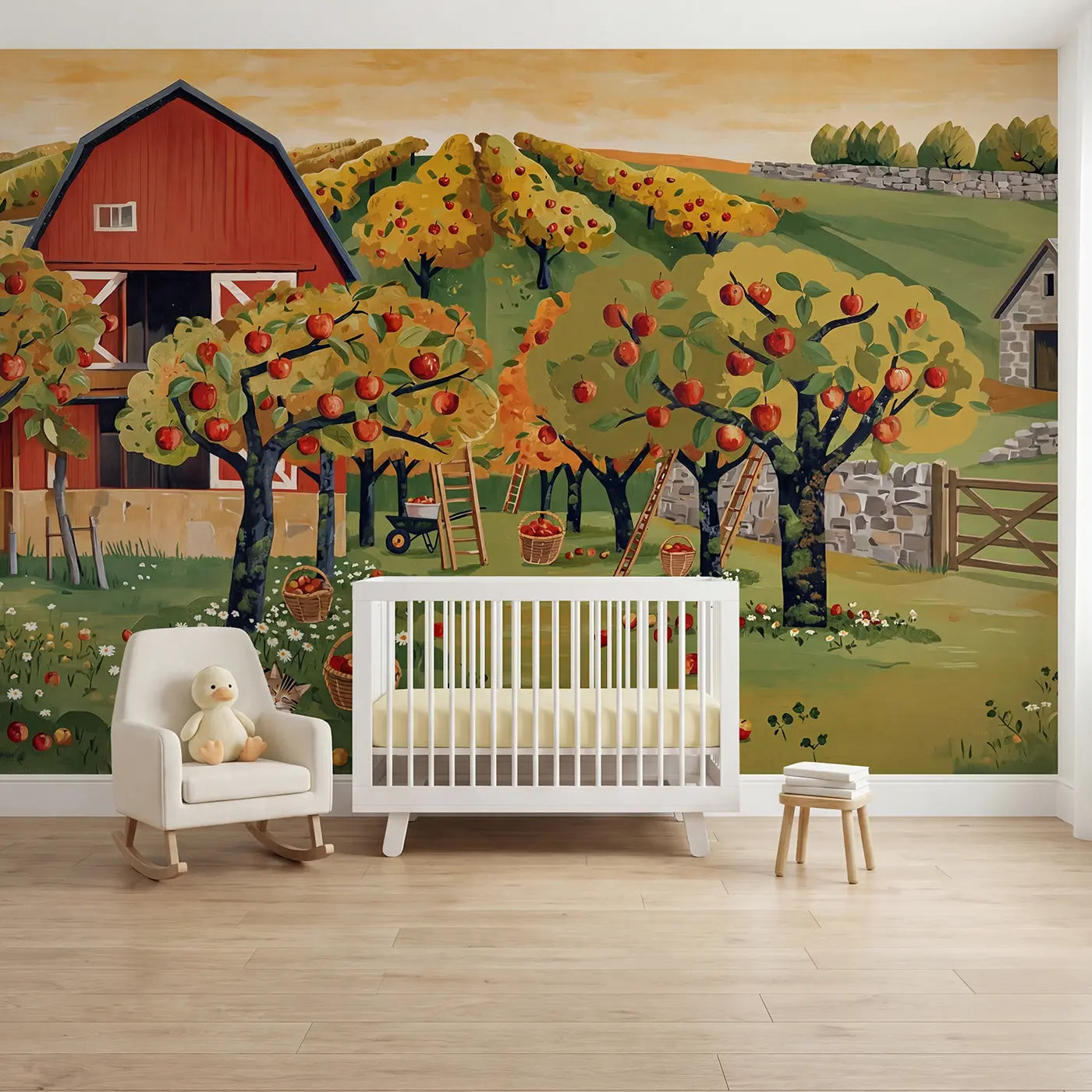 Modern illustration farm countryside wallpaper mural for nursery by Whimsy Tots