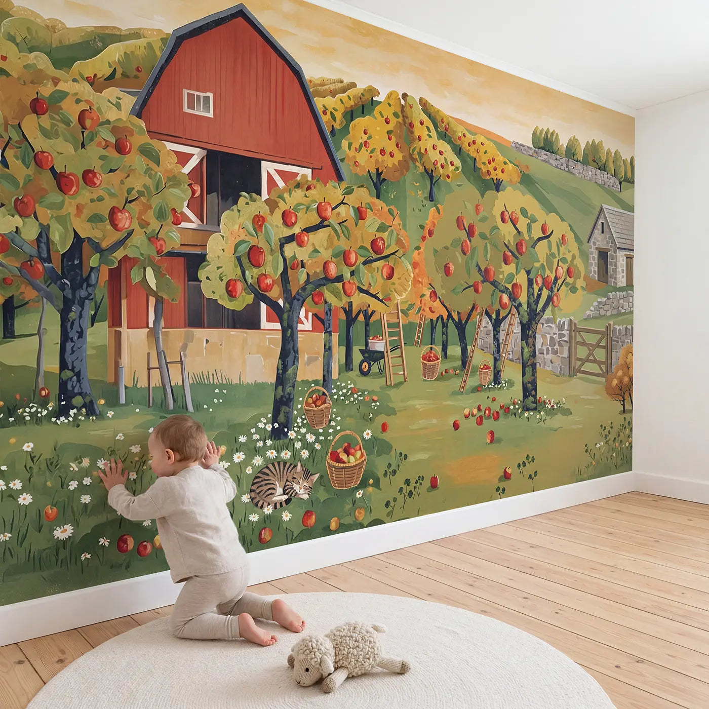 Child in nursery with Autumn Apple Harvest Wallpaper Mural by Whimsy Tots