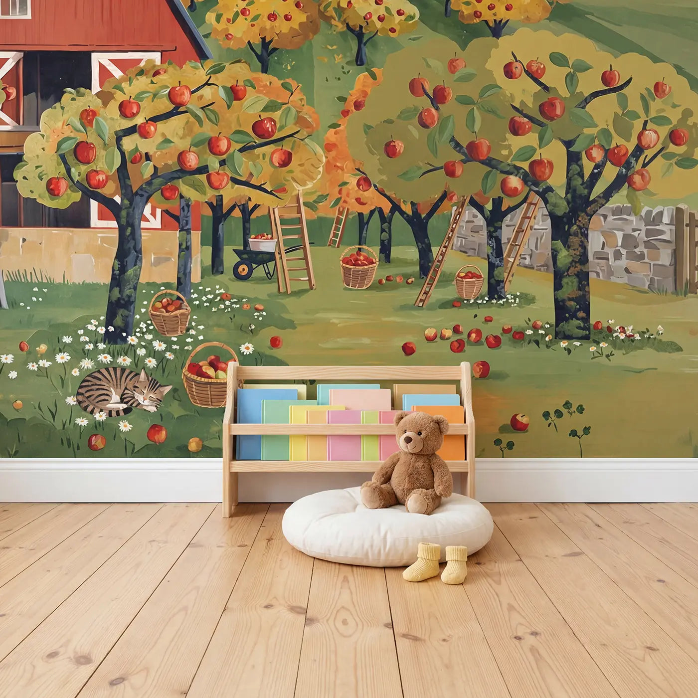 Autumn Apple Harvest Wallpaper Mural in playroom setting by Whimsy Tots
