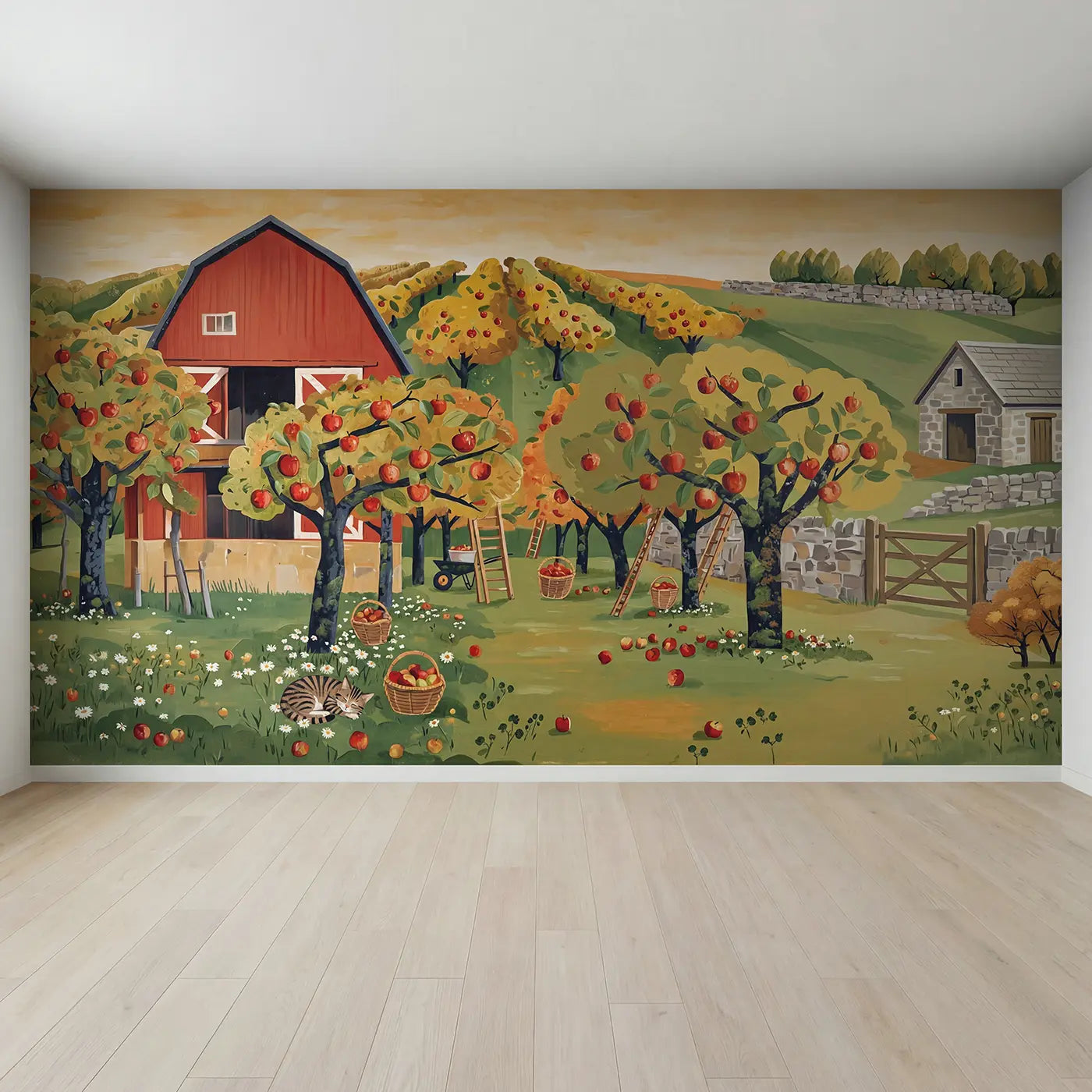 Full view of Autumn Apple Harvest Wallpaper Mural by Whimsy Tots