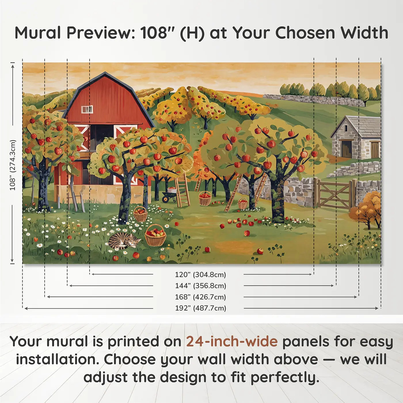 Panel layout and dimensions for Autumn Apple Harvest Wallpaper Mural by Whimsy Tots