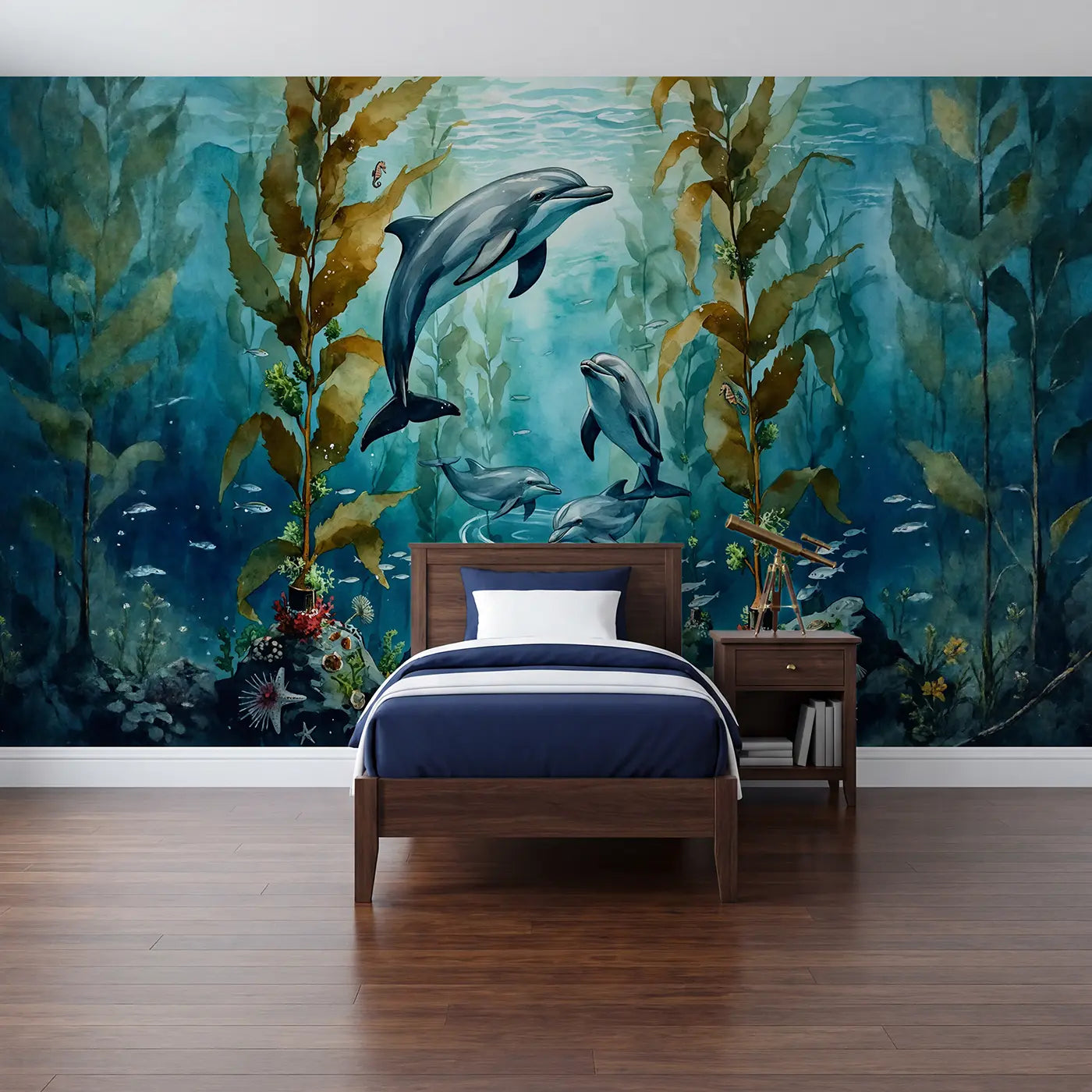 Watercolor dolphin kelp forest reef wallpaper mural for kids room by Whimsy Tots