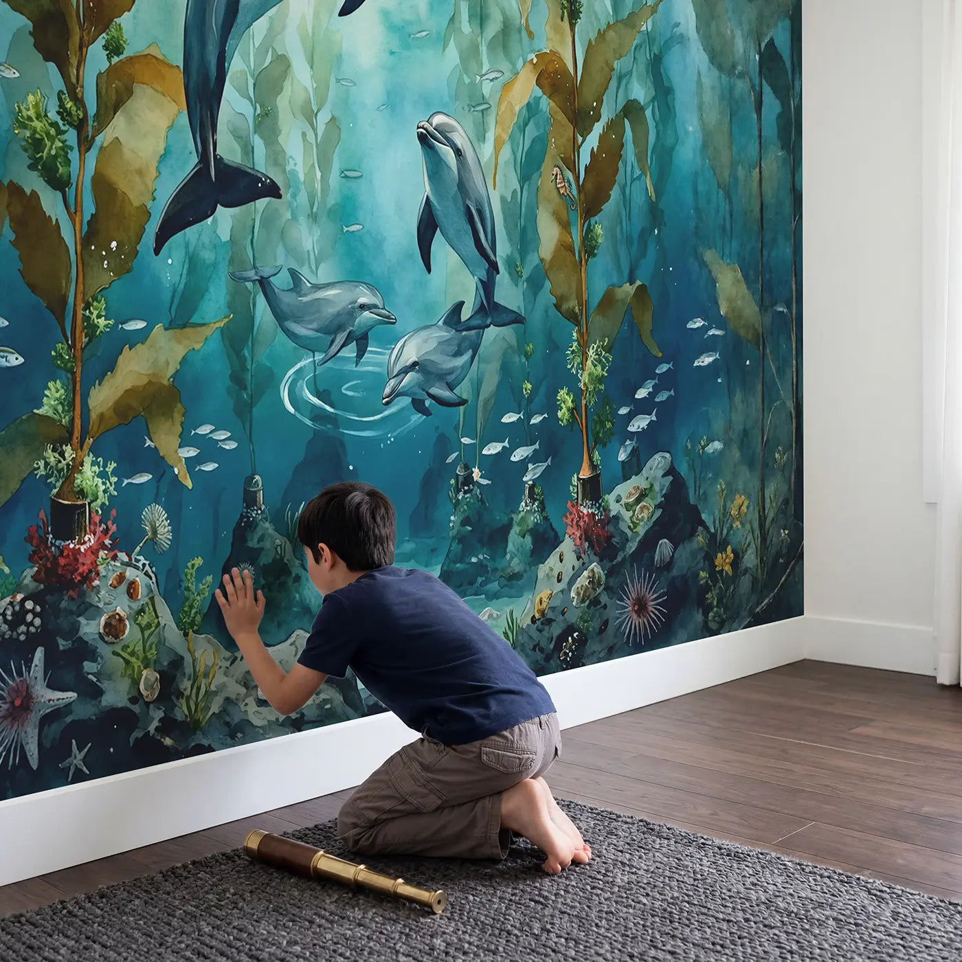 Child in nursery with Kelp Forest Dolphins Wallpaper Mural by Whimsy Tots