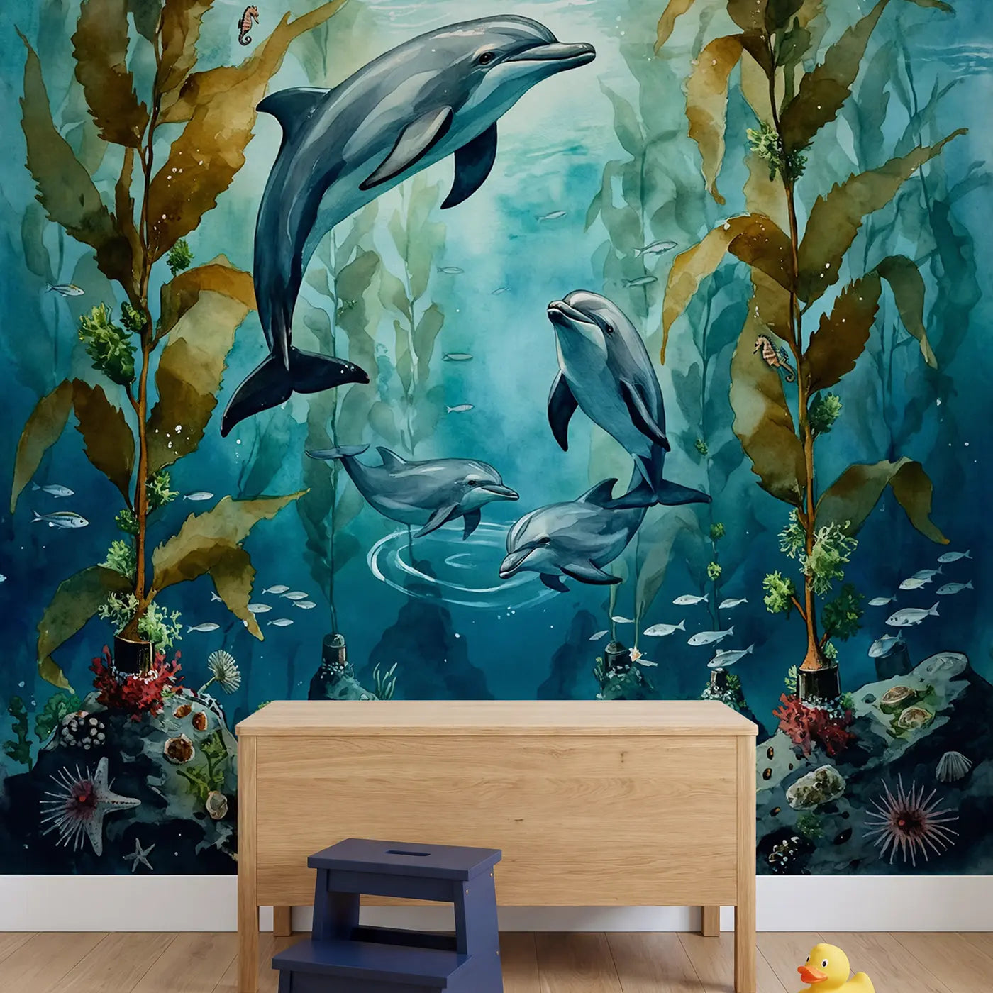 Kelp Forest Dolphins Wallpaper Mural in playroom setting by Whimsy Tots
