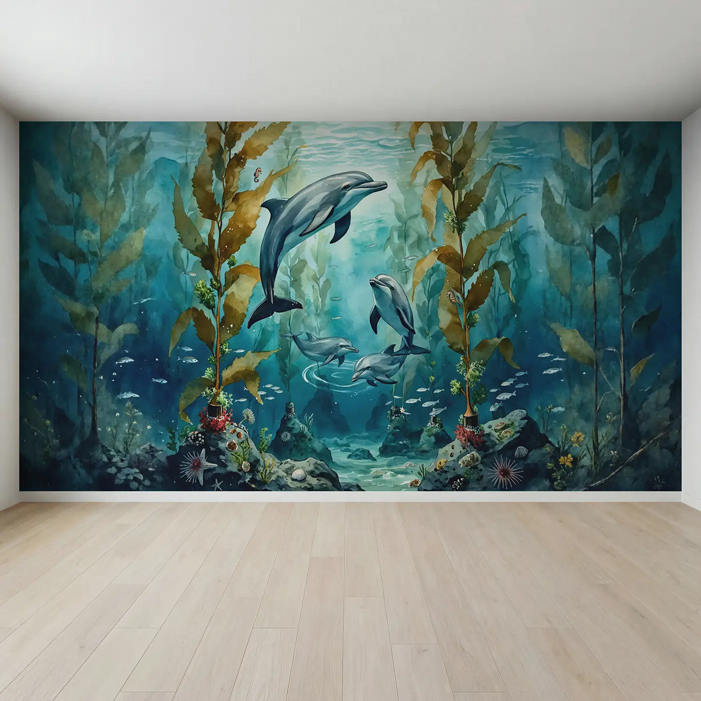 Full view of Kelp Forest Dolphins Wallpaper Mural by Whimsy Tots