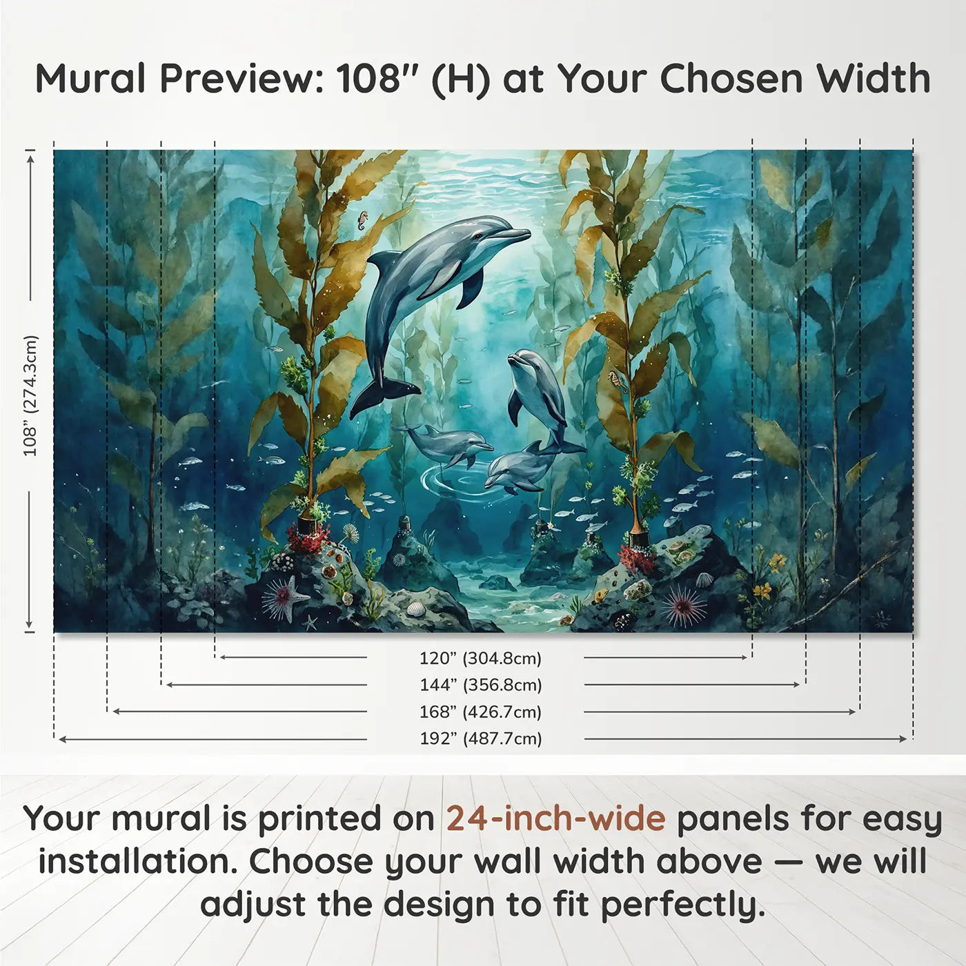 Panel layout and dimensions for Kelp Forest Dolphins Wallpaper Mural by Whimsy Tots