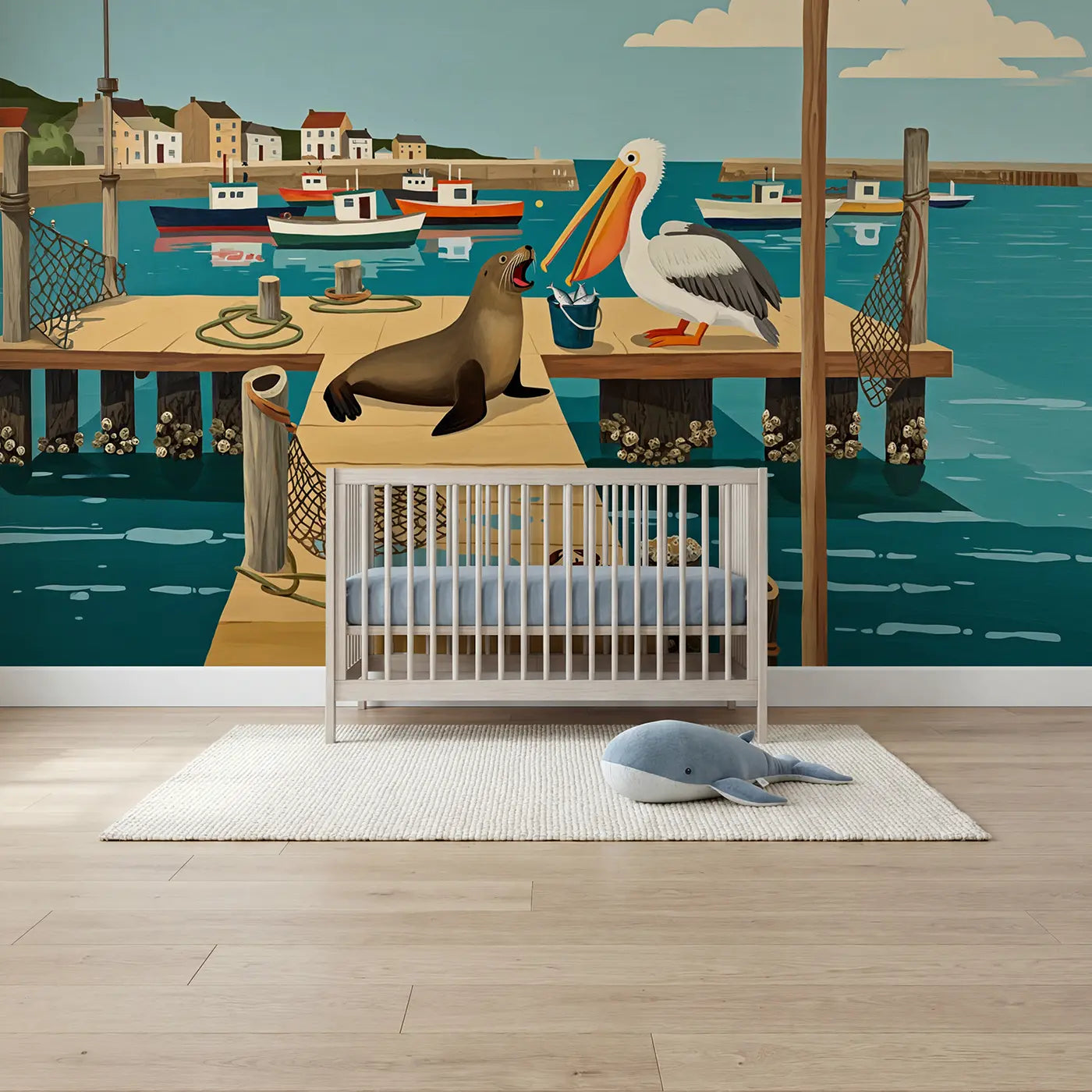 Modern illustration sea lion harbor dock wallpaper mural for boys room by Whimsy Tots