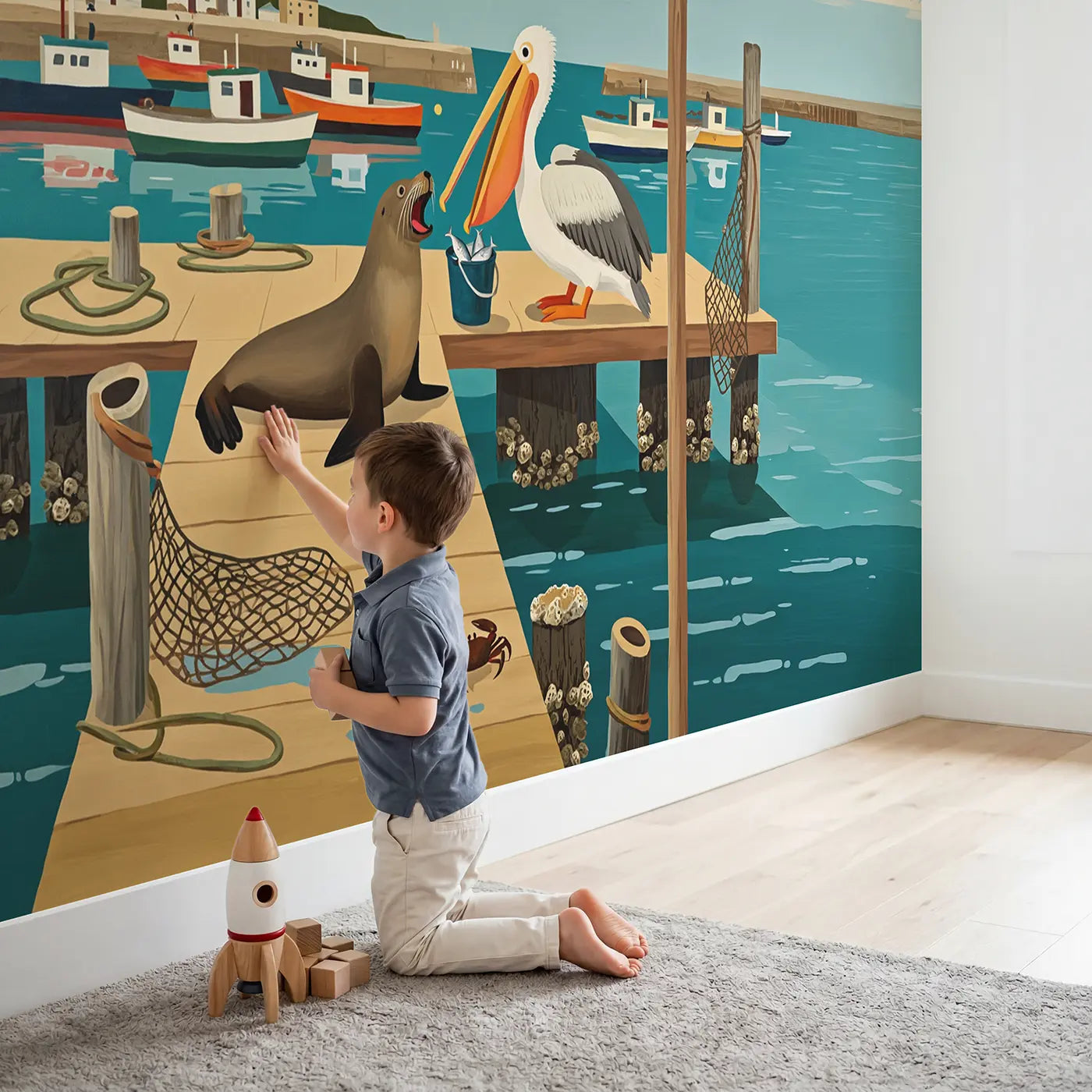 Child in nursery with Harbor Sea Lion Dock Wallpaper Mural by Whimsy Tots