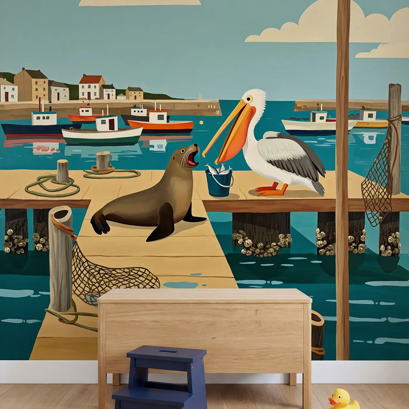 Harbor Sea Lion Dock Wallpaper Mural in playroom setting by Whimsy Tots