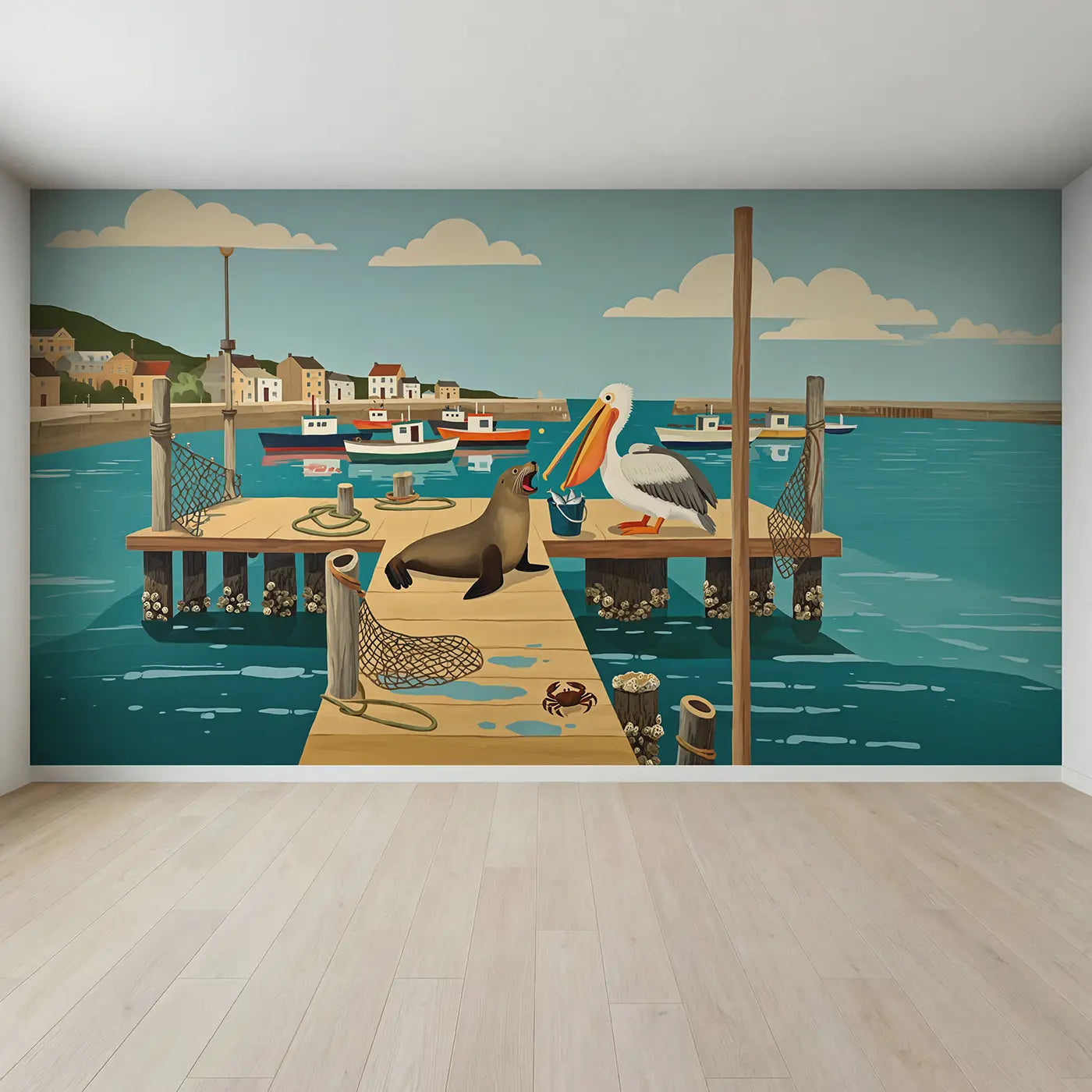 Full view of Harbor Sea Lion Dock Wallpaper Mural by Whimsy Tots