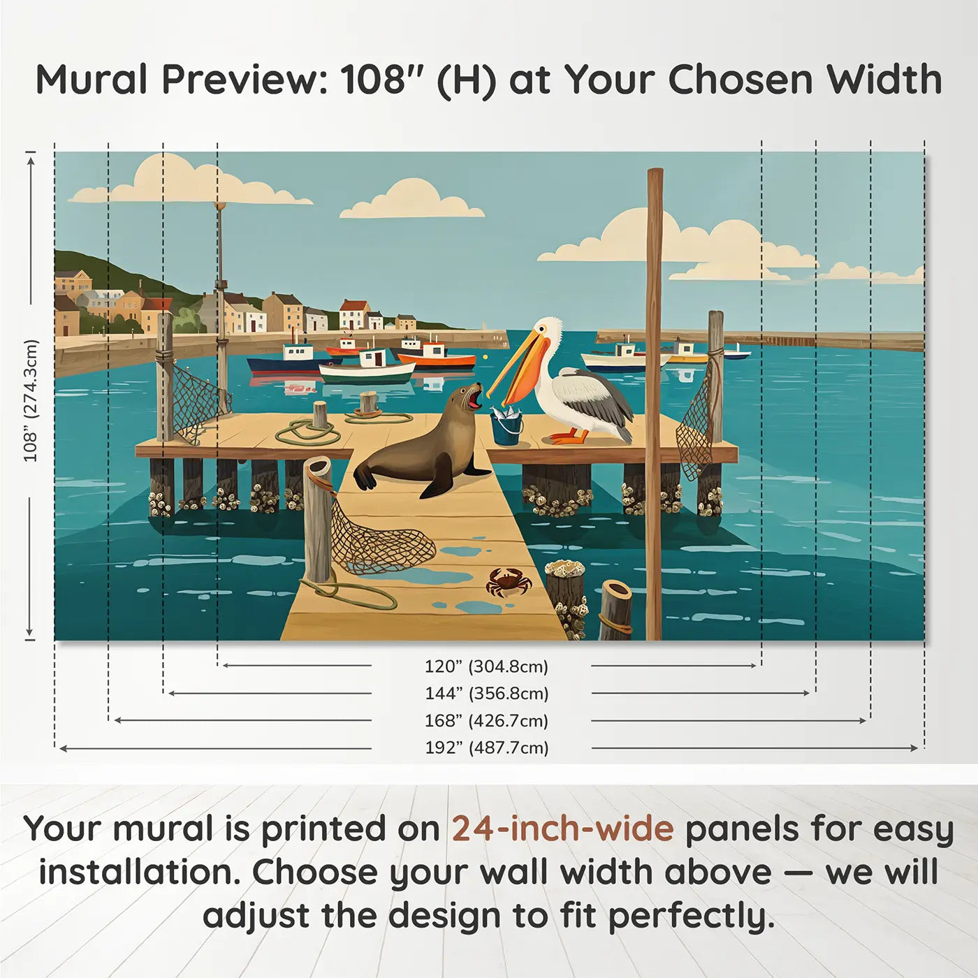 Panel layout and dimensions for Harbor Sea Lion Dock Wallpaper Mural by Whimsy Tots