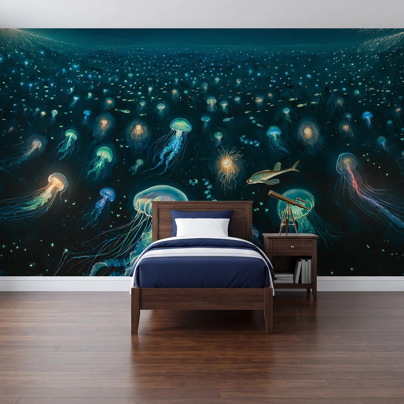 Painted landscape bioluminescent deep sea jellyfish wallpaper mural for kids room by Whimsy Tots