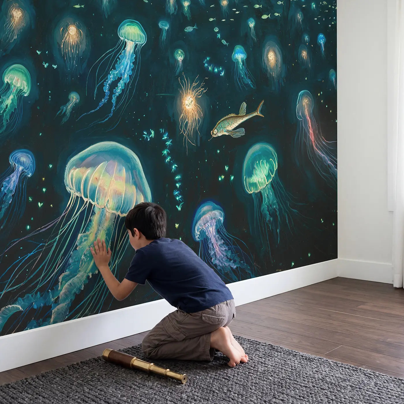 Child in nursery with Bioluminescent Deep Sea Abyss Wallpaper Mural by Whimsy Tots