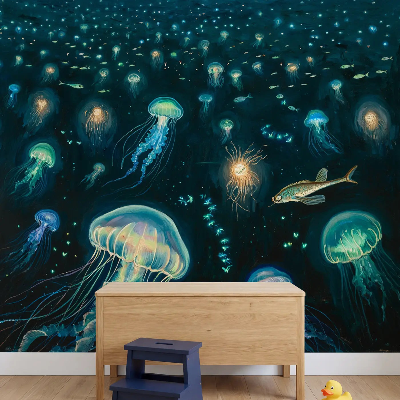 Bioluminescent Deep Sea Abyss Wallpaper Mural in playroom setting by Whimsy Tots
