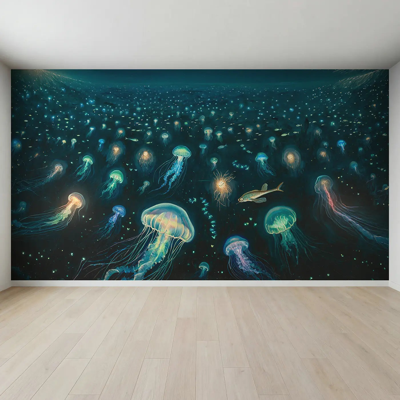Full view of Bioluminescent Deep Sea Abyss Wallpaper Mural by Whimsy Tots