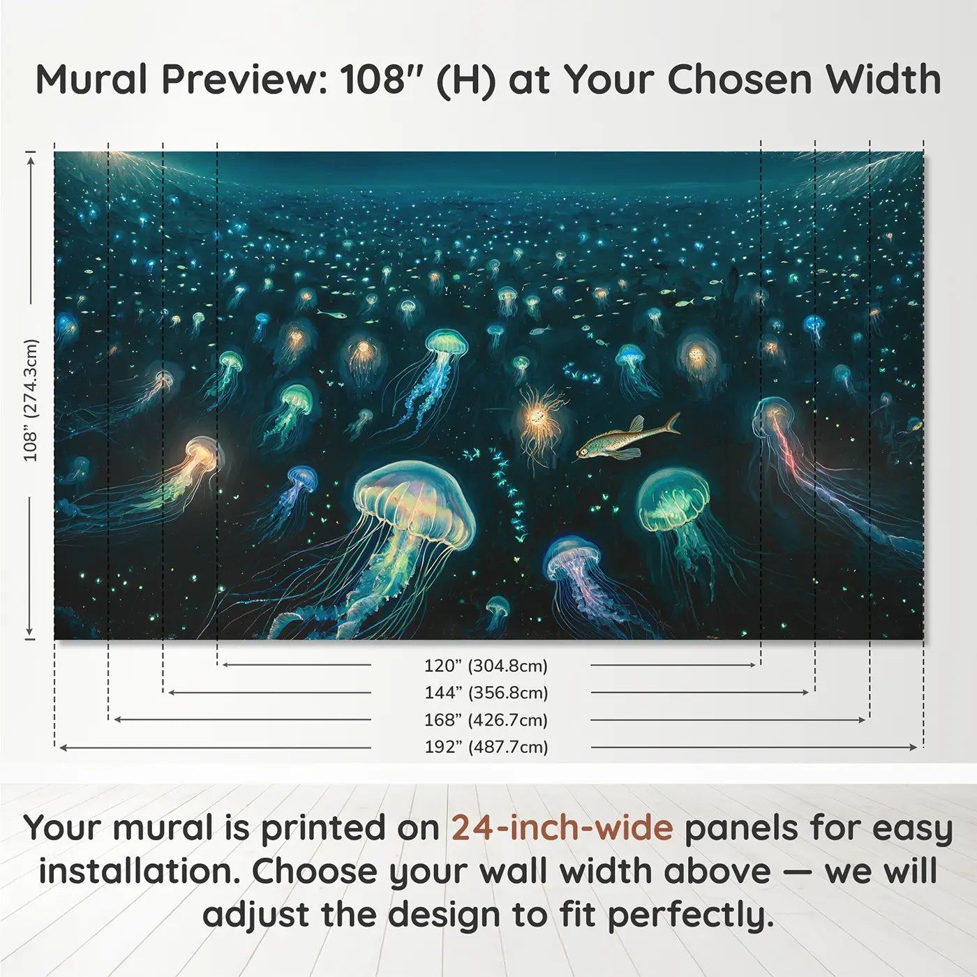 Panel layout and dimensions for Bioluminescent Deep Sea Abyss Wallpaper Mural by Whimsy Tots
