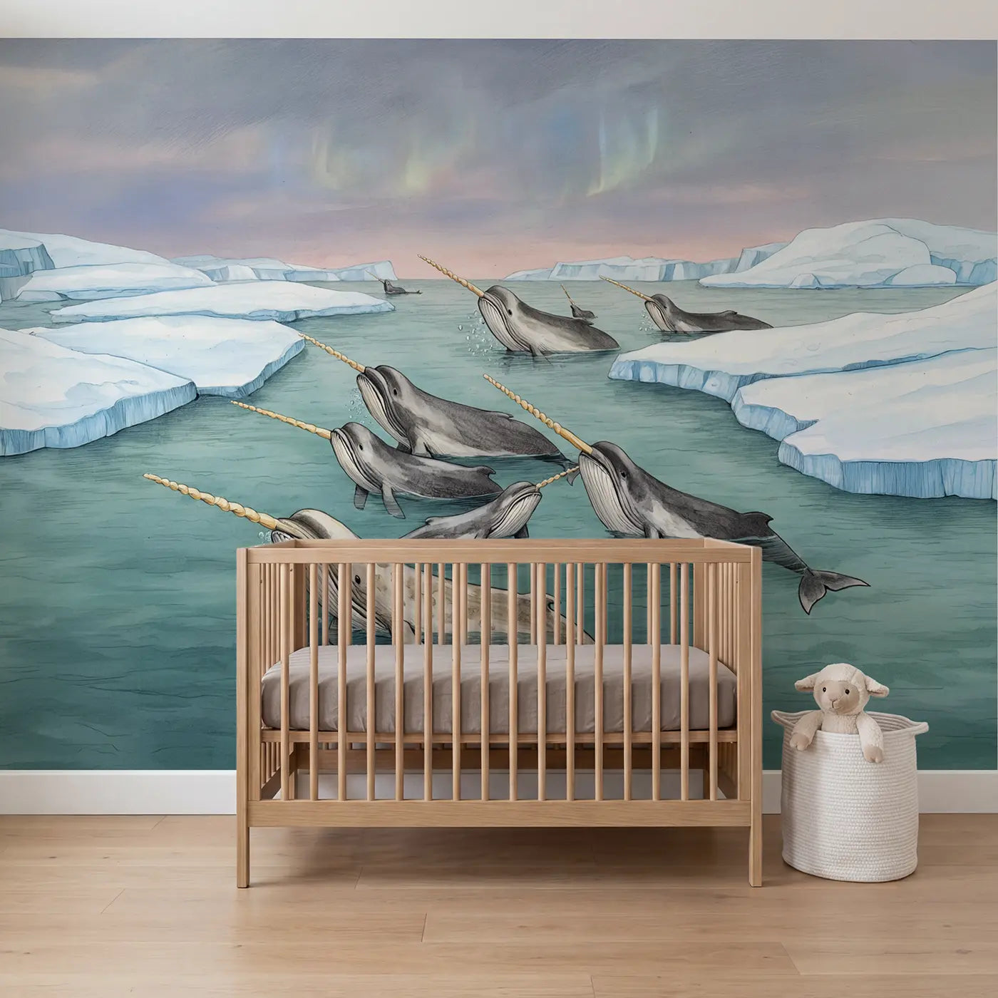 Storybook narwhal pod in arctic water icy ocean journey wallpaper mural for nursery by Whimsy Tots