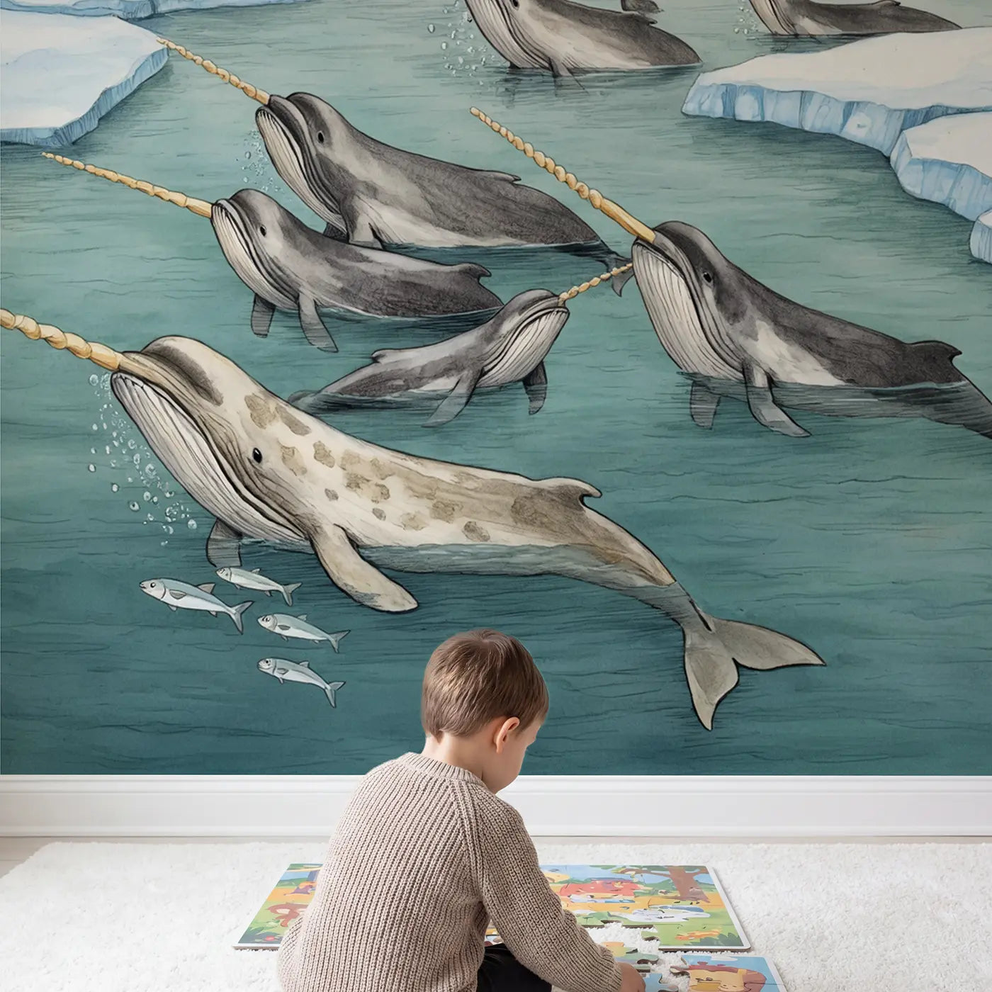 Child in nursery with Narwhal Pod Arctic Journey Wallpaper Mural by Whimsy Tots