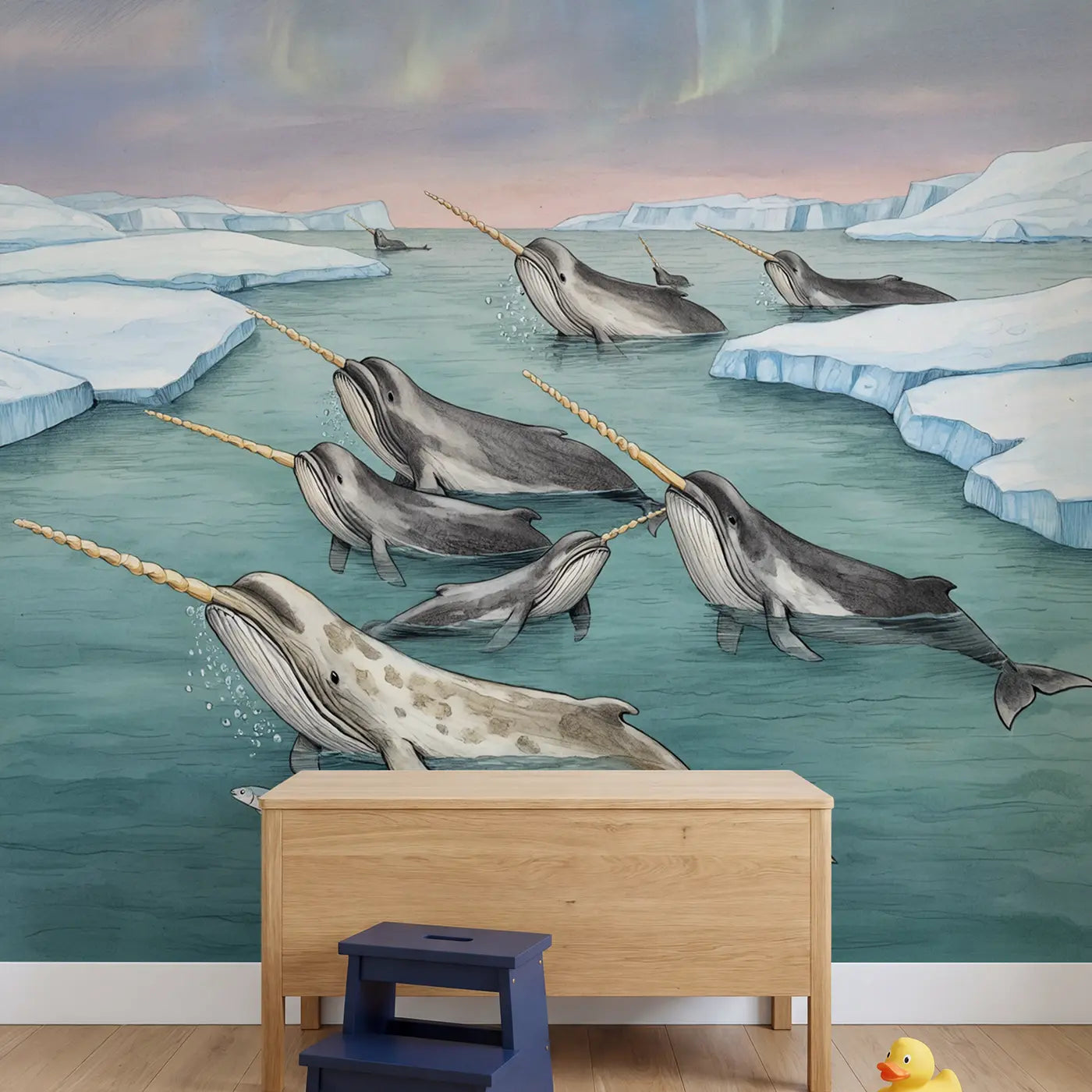 Narwhal Pod Arctic Journey Wallpaper Mural in playroom setting by Whimsy Tots