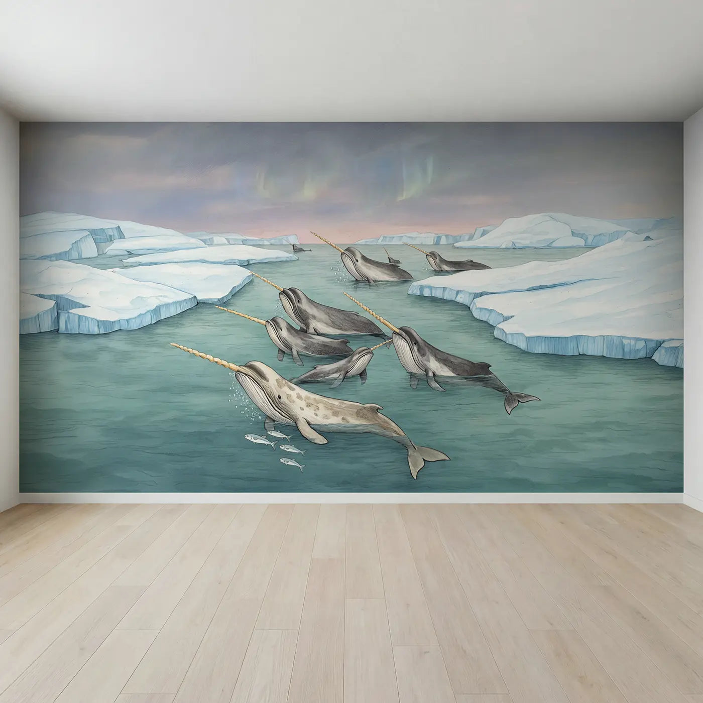 Full view of Narwhal Pod Arctic Journey Wallpaper Mural by Whimsy Tots