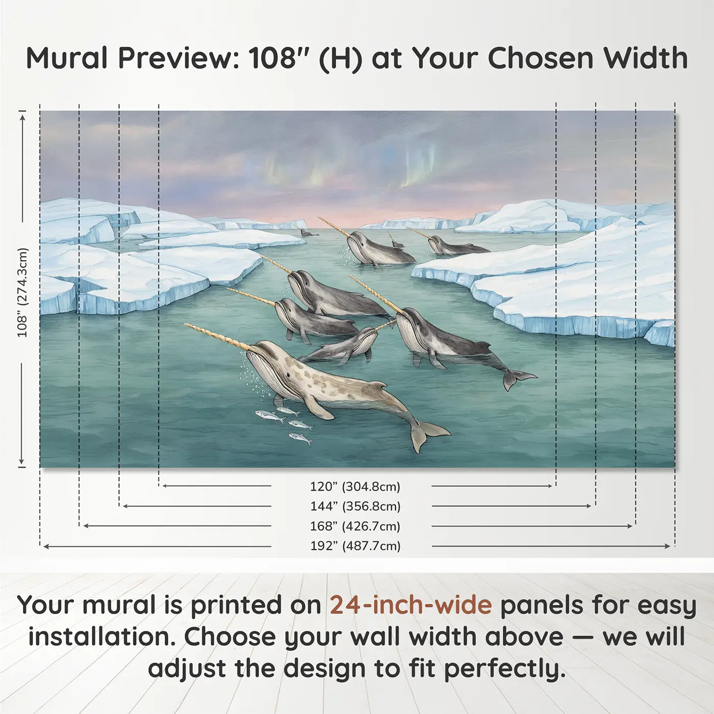 Panel layout and dimensions for Narwhal Pod Arctic Journey Wallpaper Mural by Whimsy Tots