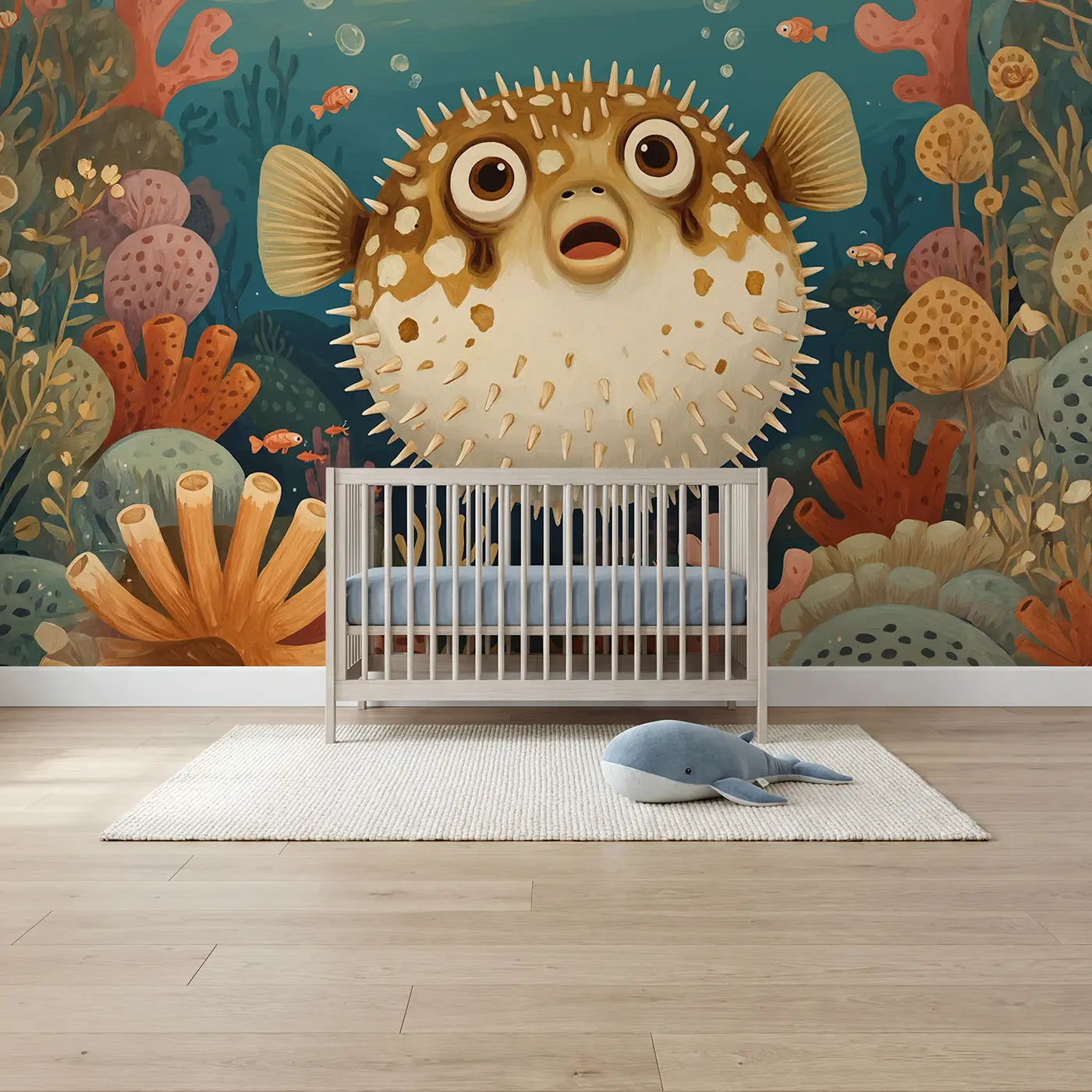 Modern Illustration surprised pufferfish reef wallpaper mural for nursery by Whimsy Tots
