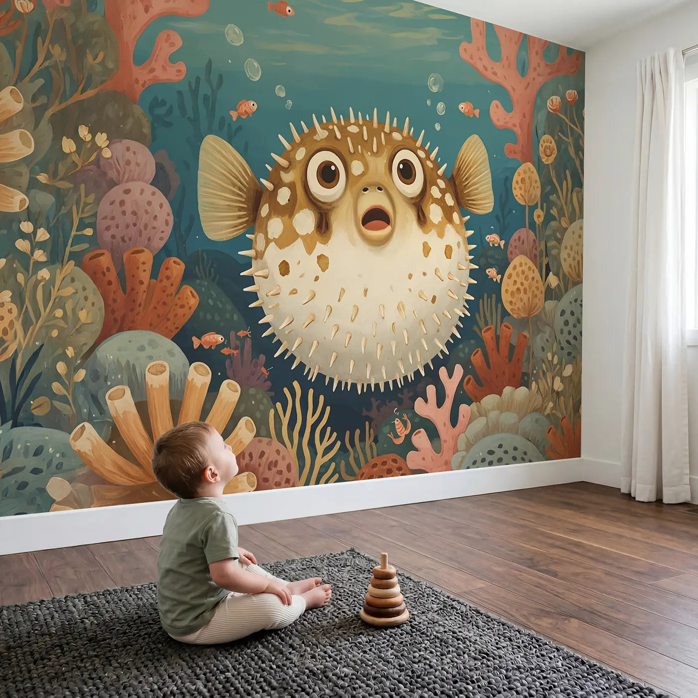 Child in nursery with Surprised Pufferfish Reef Wallpaper Mural by Whimsy Tots