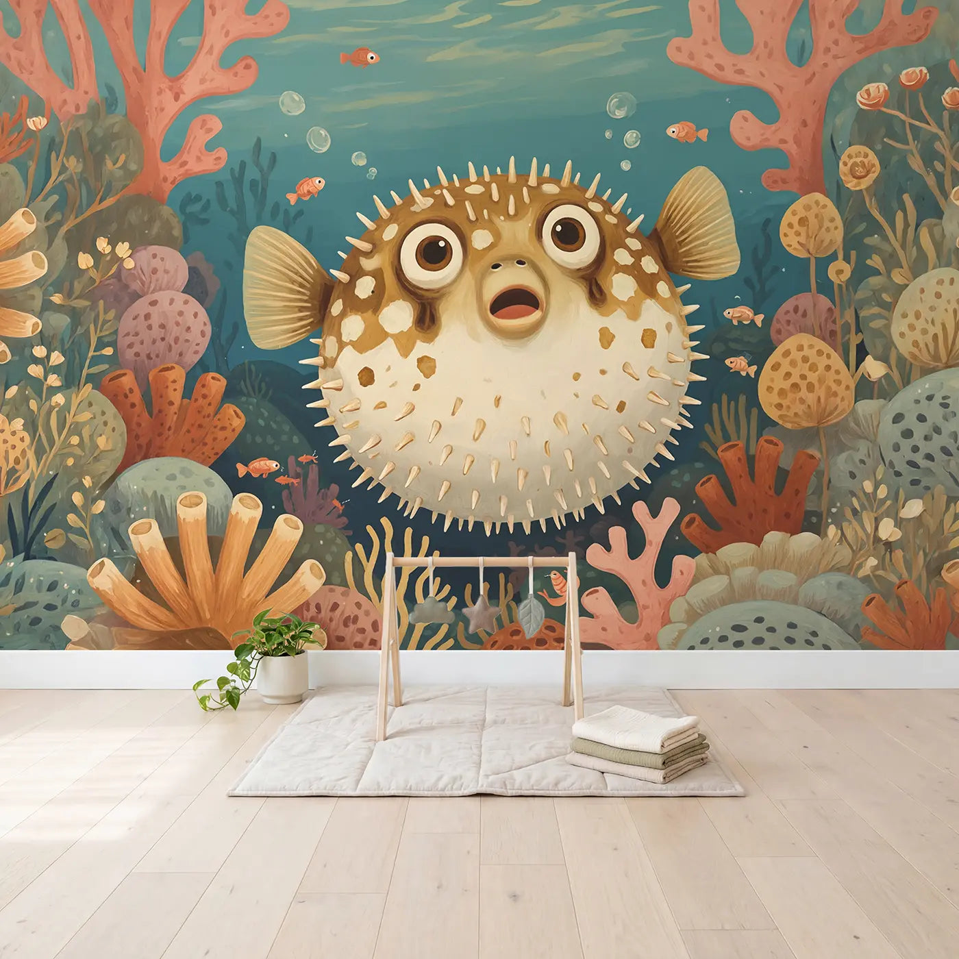 Surprised Pufferfish Reef Wallpaper Mural in playroom setting by Whimsy Tots