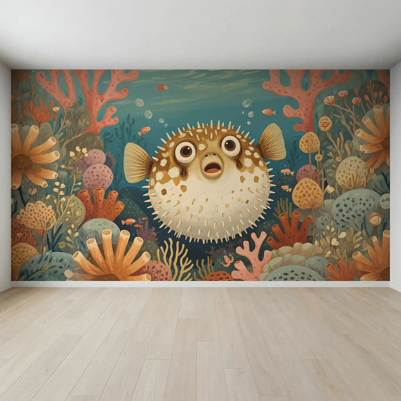 Full view of Surprised Pufferfish Reef Wallpaper Mural by Whimsy Tots