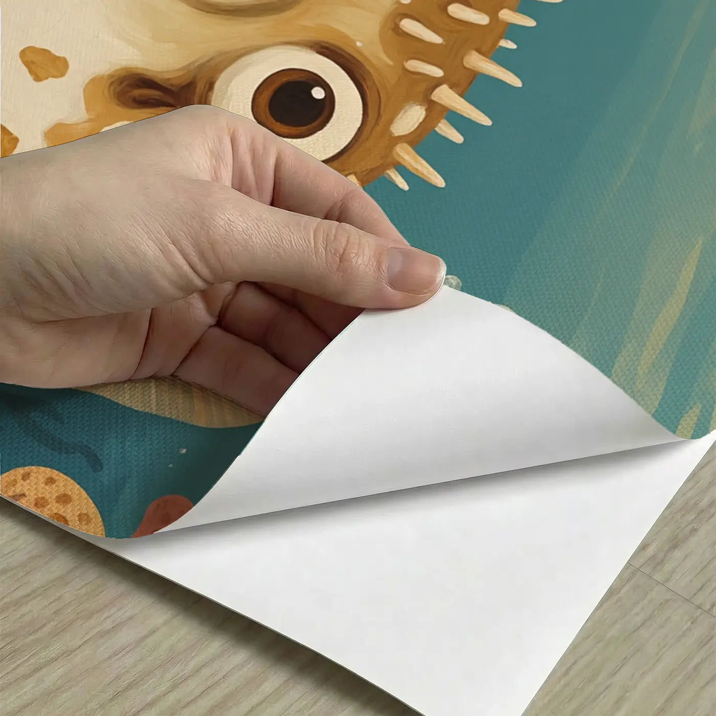Peel-and-stick detail of Surprised Pufferfish Reef Wallpaper Mural by Whimsy Tots