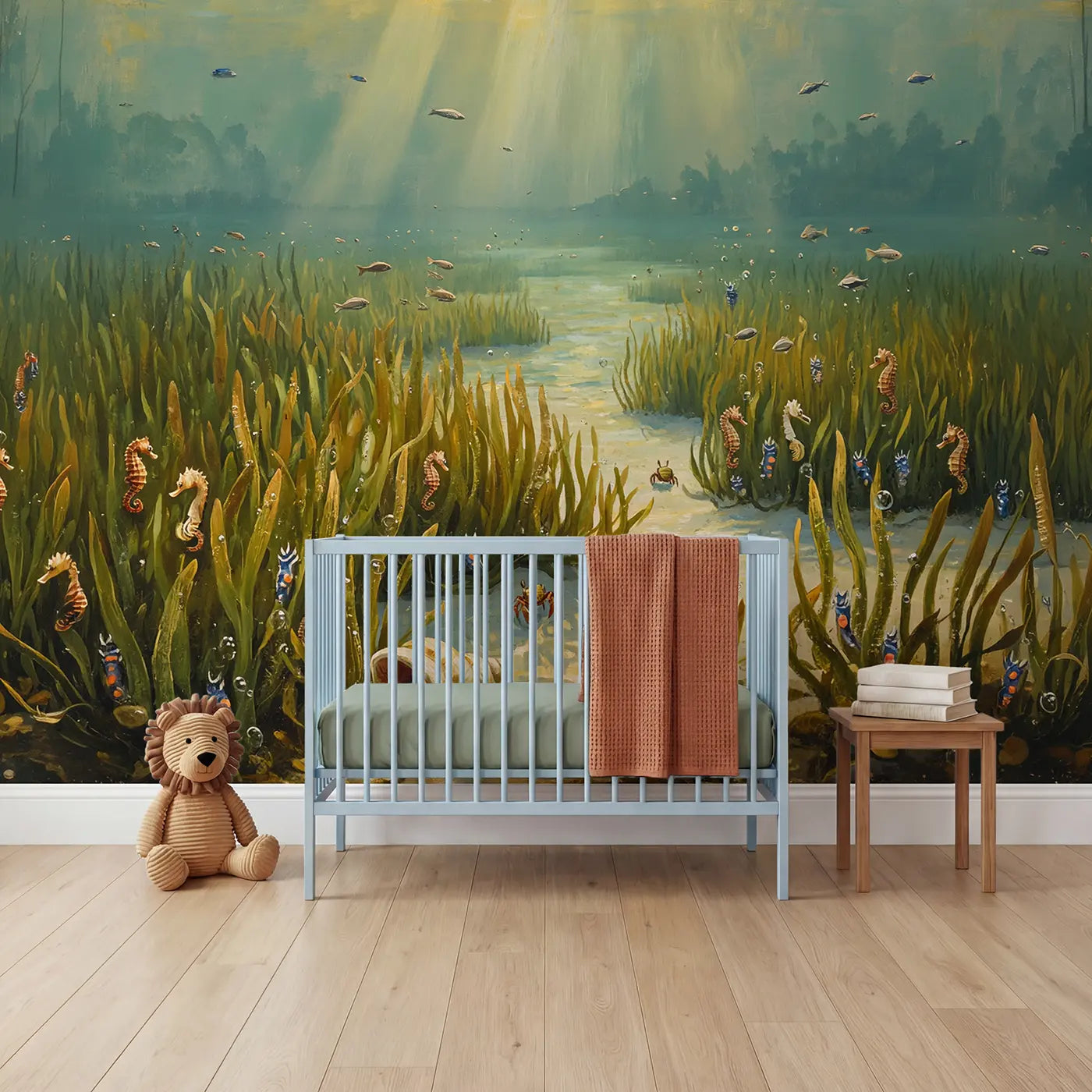 painted sunlit sea grass meadow ocean wallpaper mural for nursery by Whimsy Tots