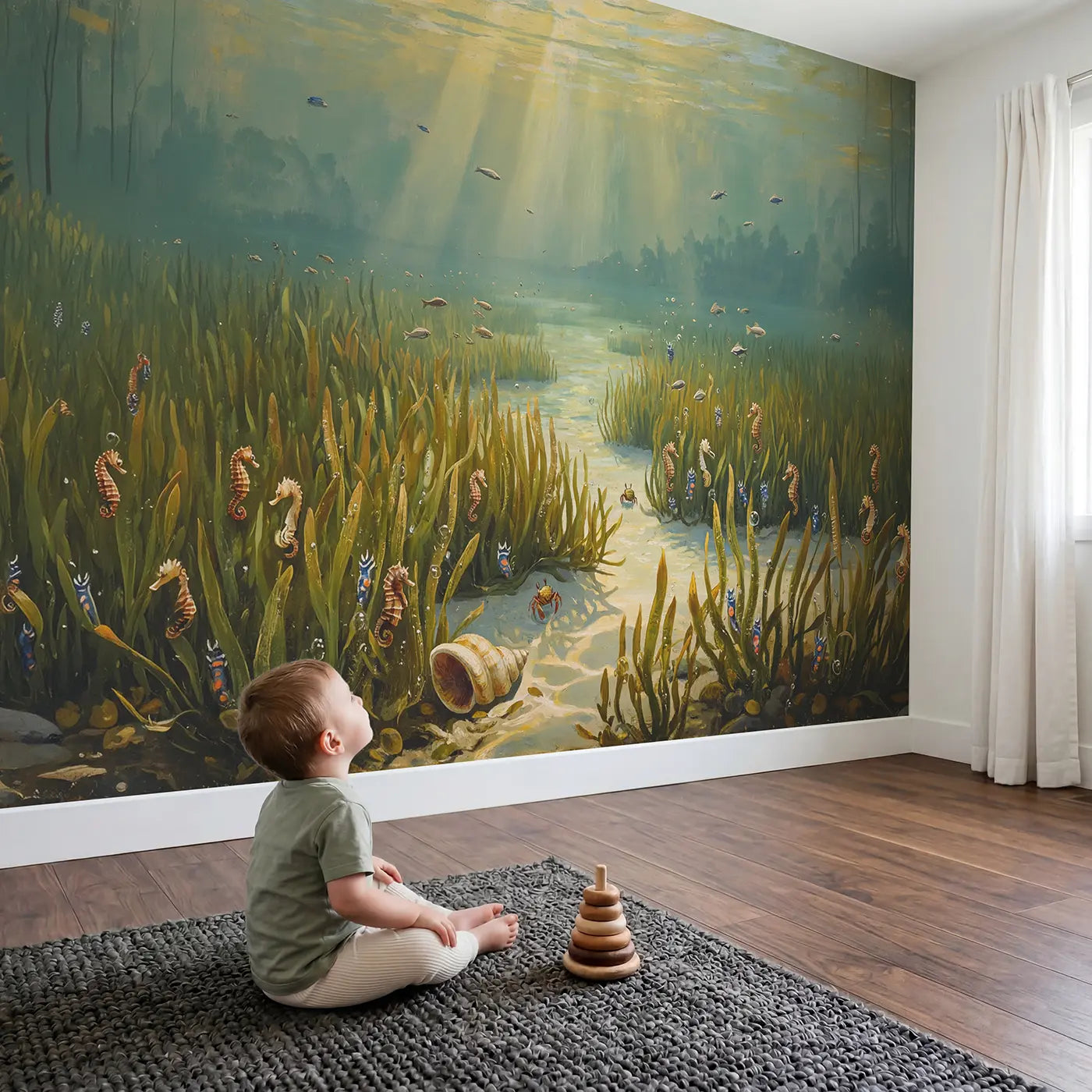 Child in nursery with Sunlit Sea Grass Meadow Wallpaper Mural by Whimsy Tots