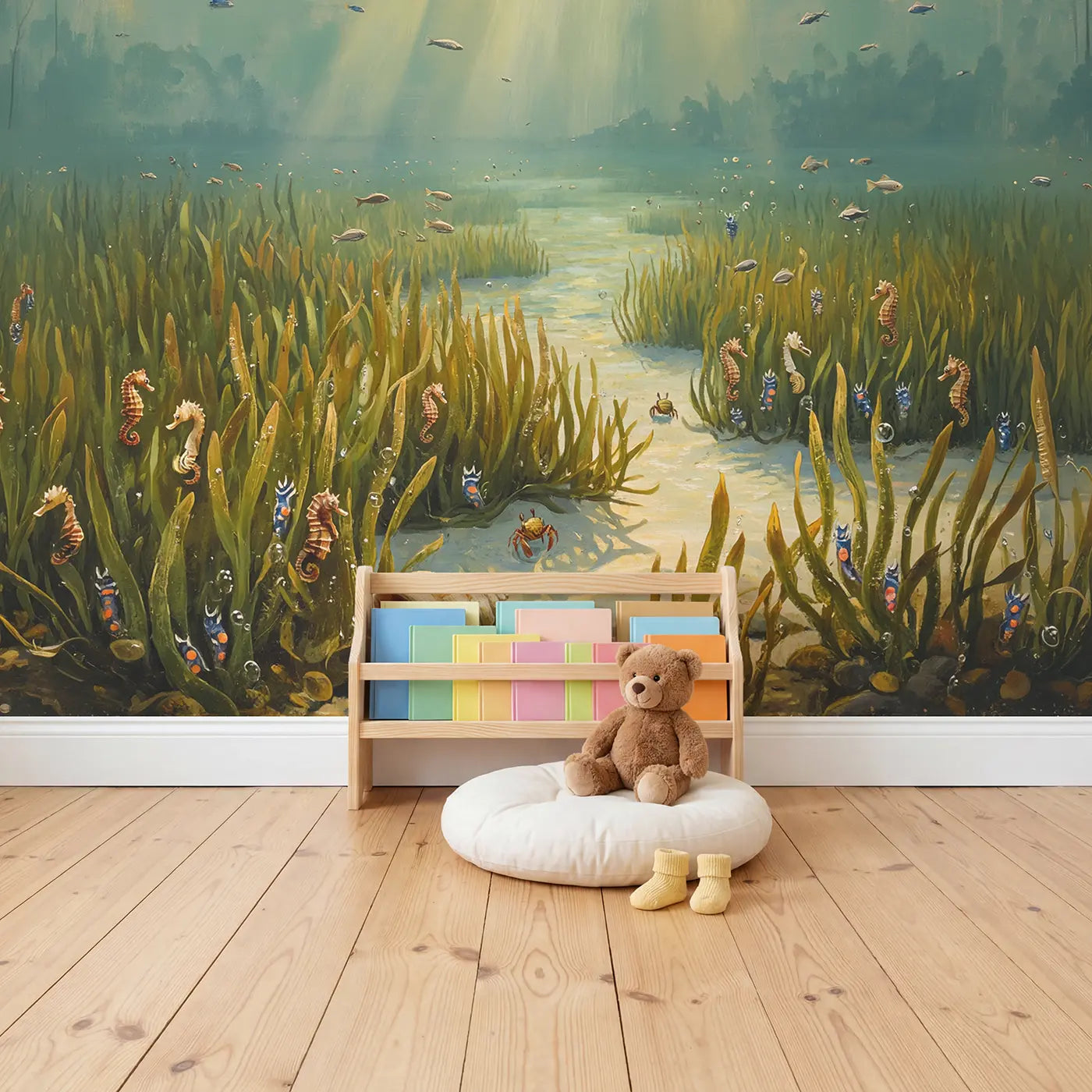 Sunlit Sea Grass Meadow Wallpaper Mural in playroom setting by Whimsy Tots