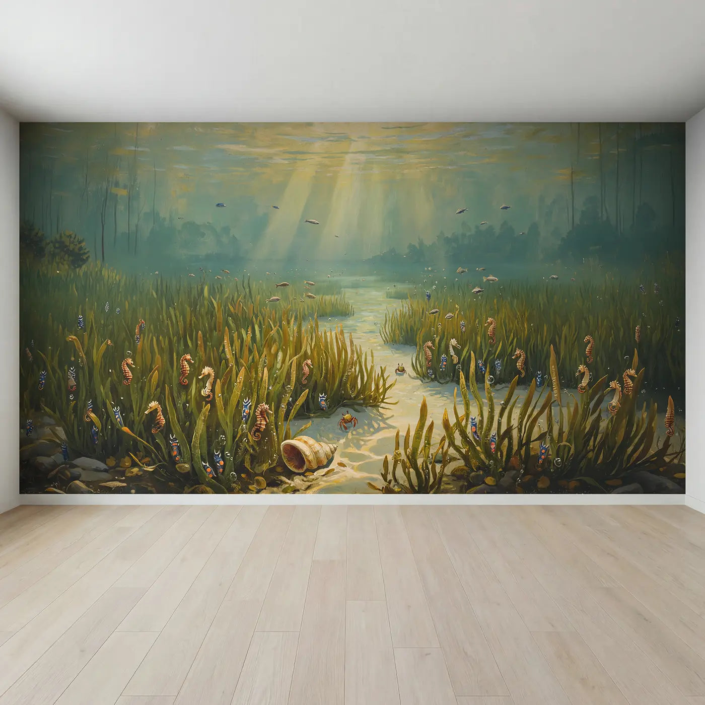 Full view of Sunlit Sea Grass Meadow Wallpaper Mural by Whimsy Tots