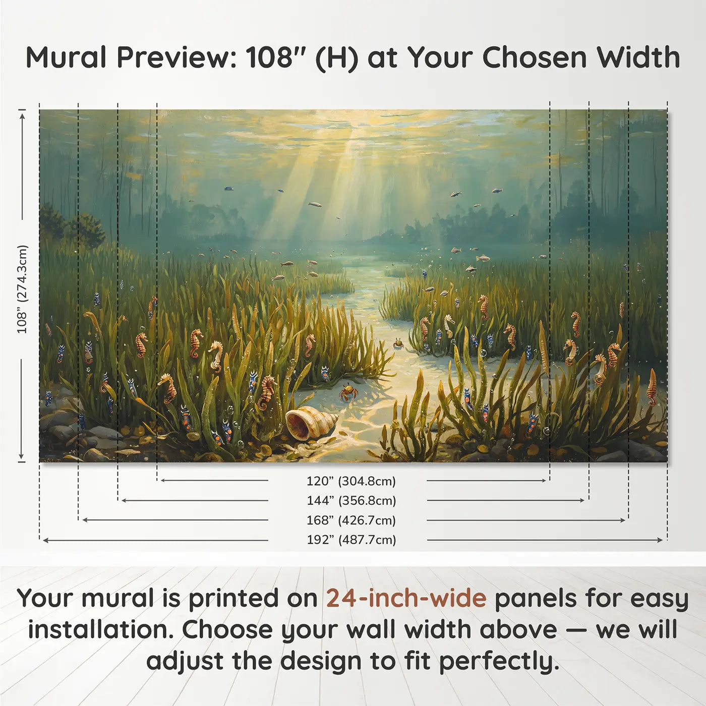Panel layout and dimensions for Sunlit Sea Grass Meadow Wallpaper Mural by Whimsy Tots
