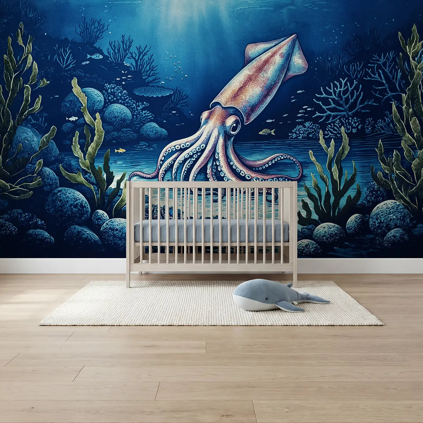 block print squid coral ocean wallpaper mural for nursery by Whimsy Tots