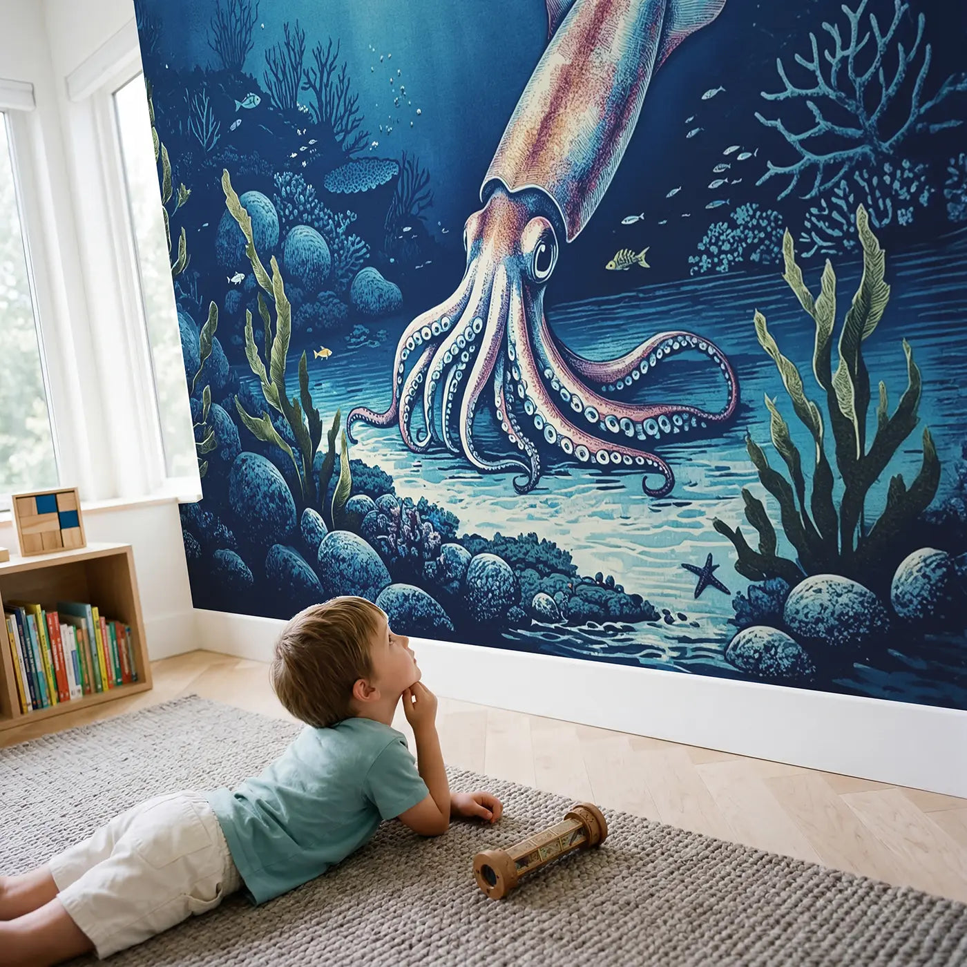 Child in nursery with Squid Changing Color Patterns Wallpaper Mural by Whimsy Tots