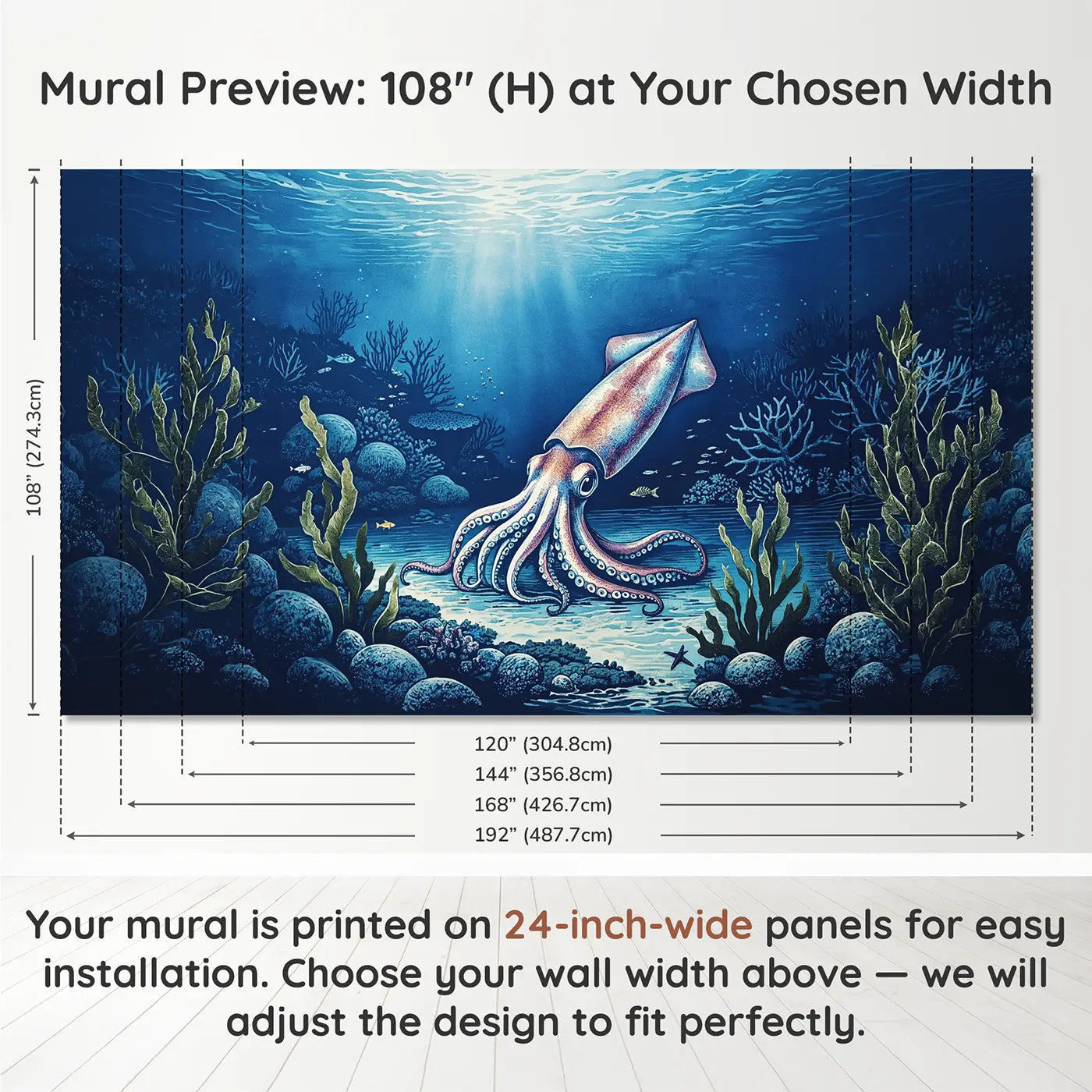 Panel layout and dimensions for Squid Changing Color Patterns Wallpaper Mural by Whimsy Tots