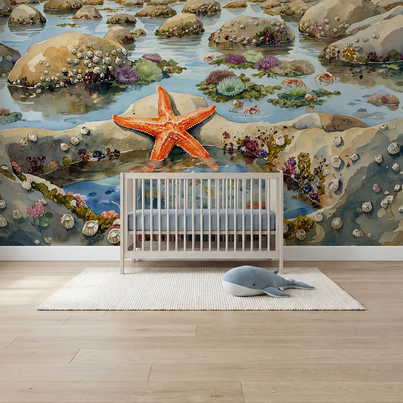 Watercolor starfish in tide pool rocky intertidal wallpaper mural for nursery by Whimsy Tots