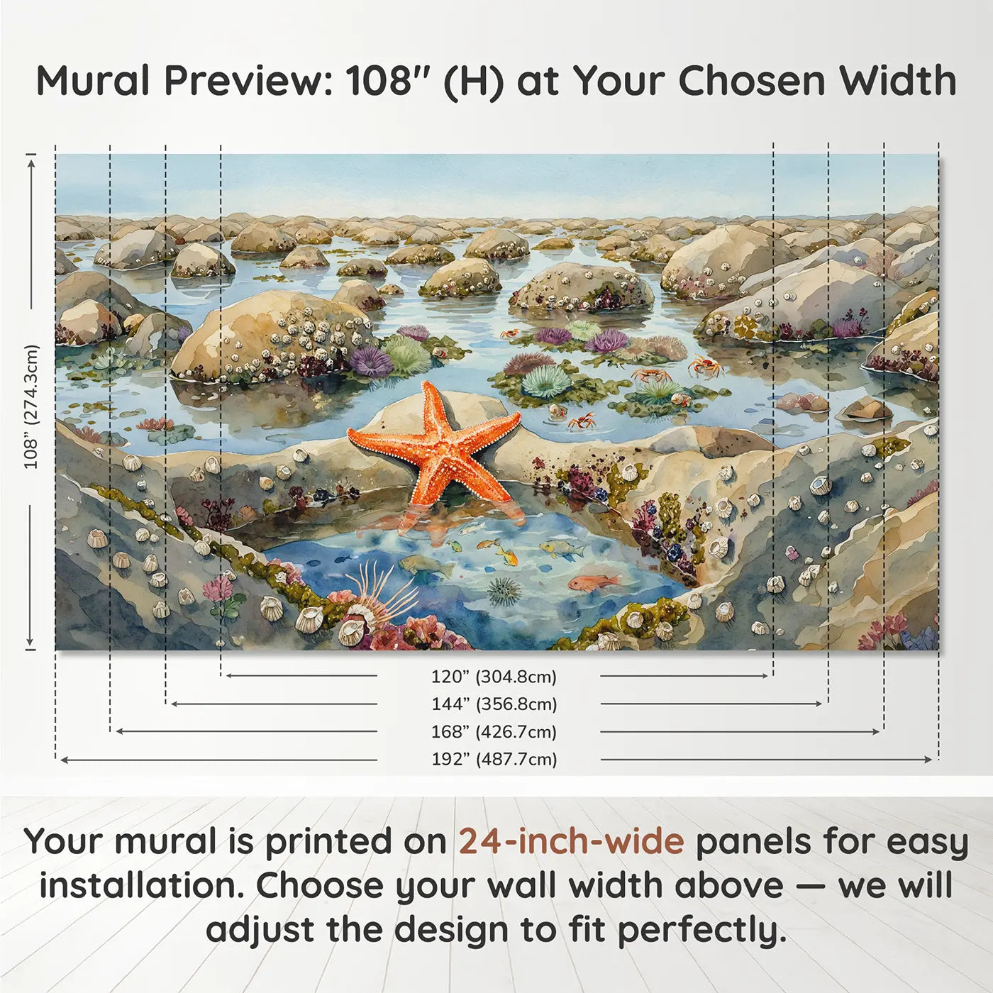 Panel layout and dimensions for Tide Pool Starfish Close Up Wallpaper Mural by Whimsy Tots