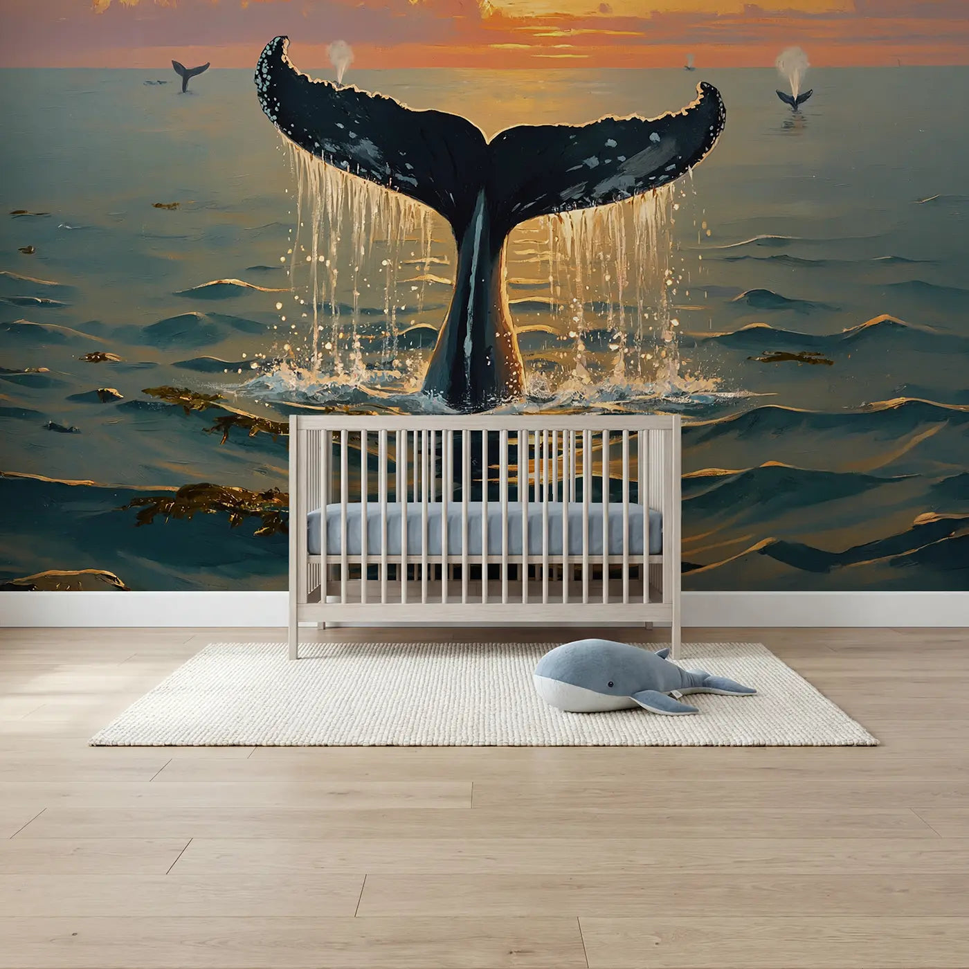 Painted whale and wave wallpaper mural for nursery by Whimsy Tots