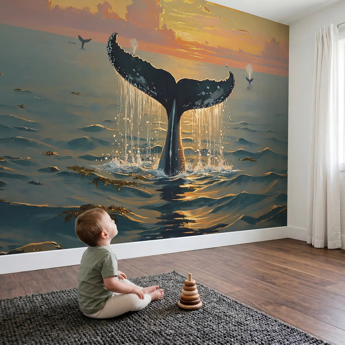 Child in nursery with Whale Tail Golden Hour Wallpaper Mural by Whimsy Tots