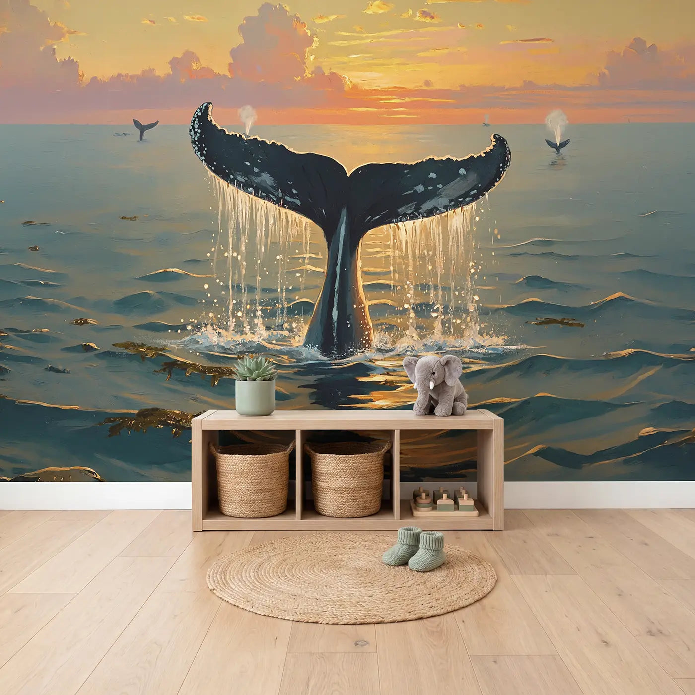 Whale Tail Golden Hour Wallpaper Mural in playroom setting by Whimsy Tots