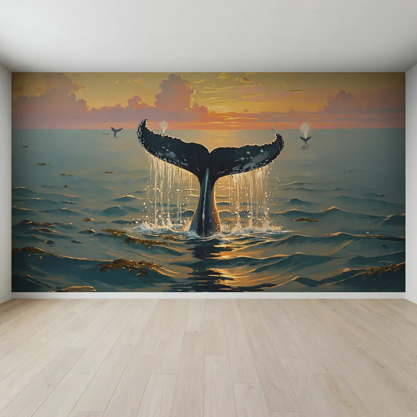 Full view of Whale Tail Golden Hour Wallpaper Mural by Whimsy Tots